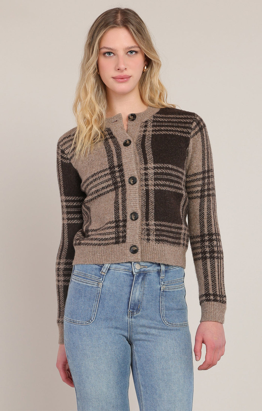 Relaxed Check Open-Front Cardigan