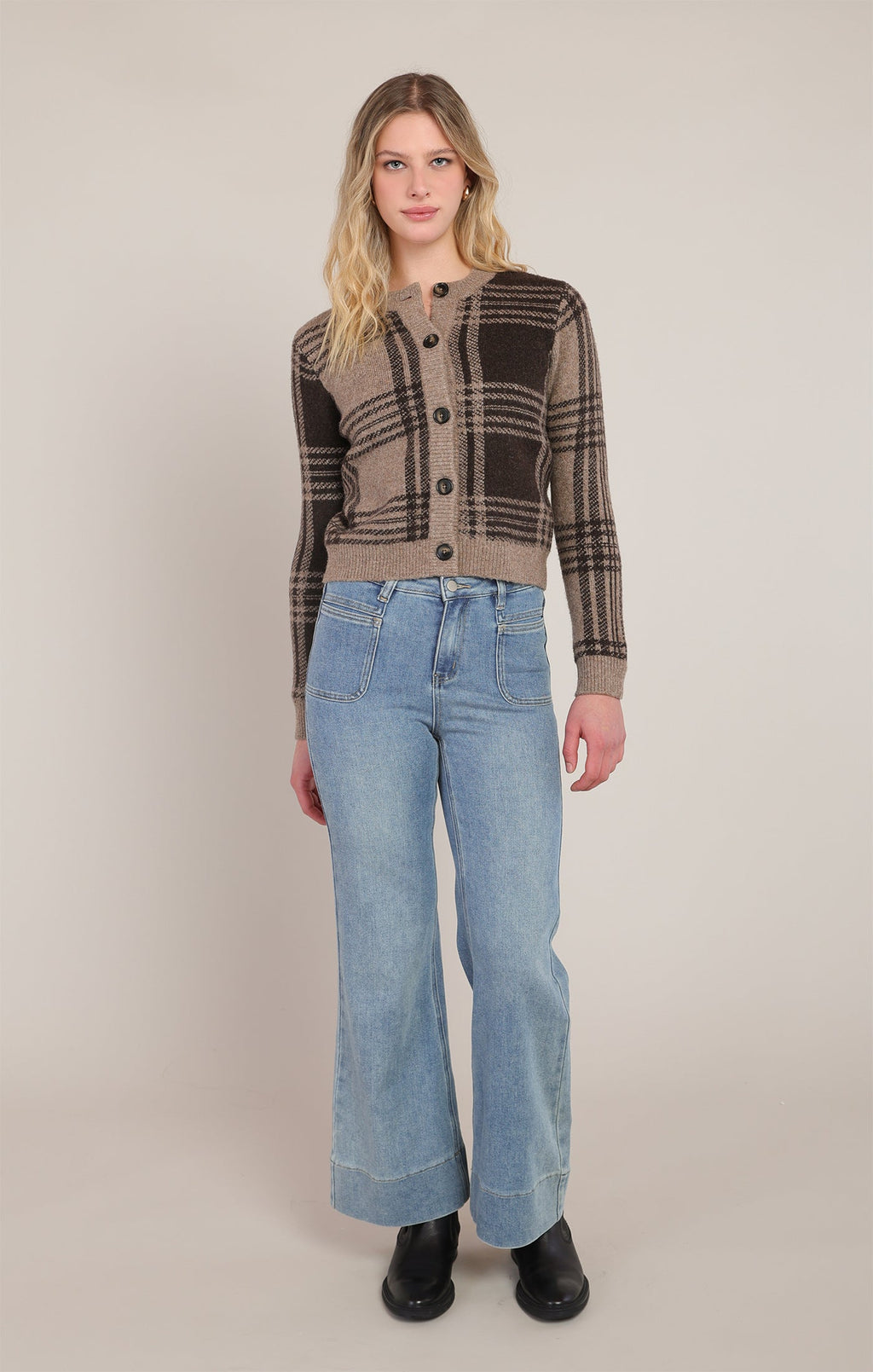 Relaxed Check Open-Front Cardigan