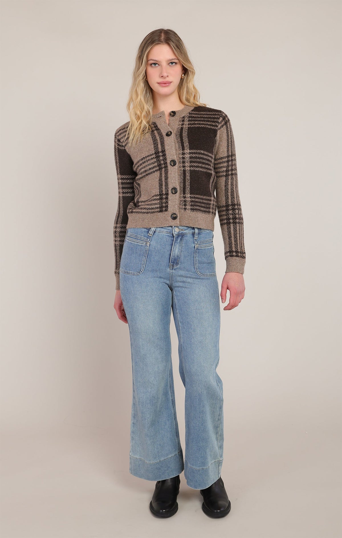 Relaxed Check Open-Front Cardigan