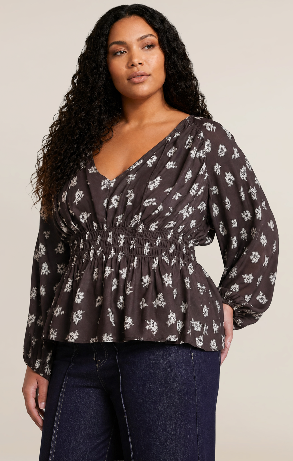 Floral Smocked Blouse with Elbow-Length Sleeves