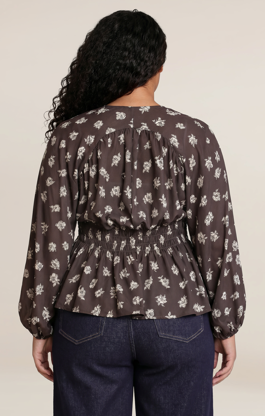 Floral Smocked Blouse with Elbow-Length Sleeves