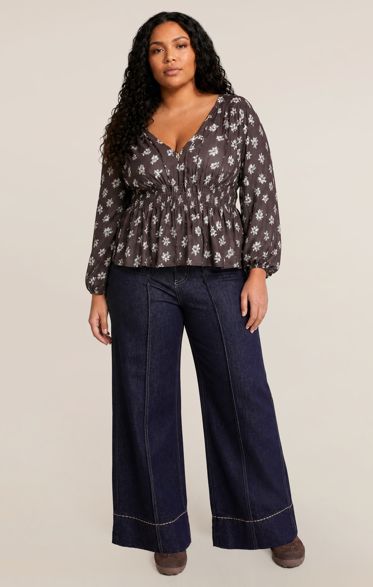 Floral Smocked Blouse with Elbow-Length Sleeves