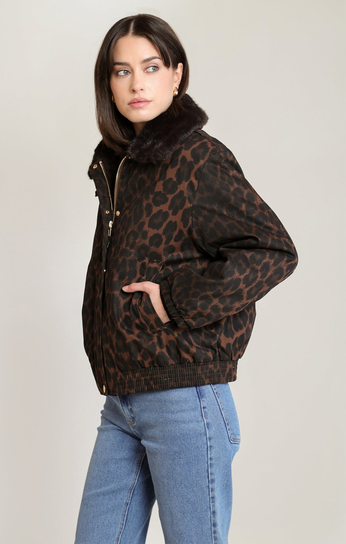 Leopard-Print Padded Zip-Front Bomber