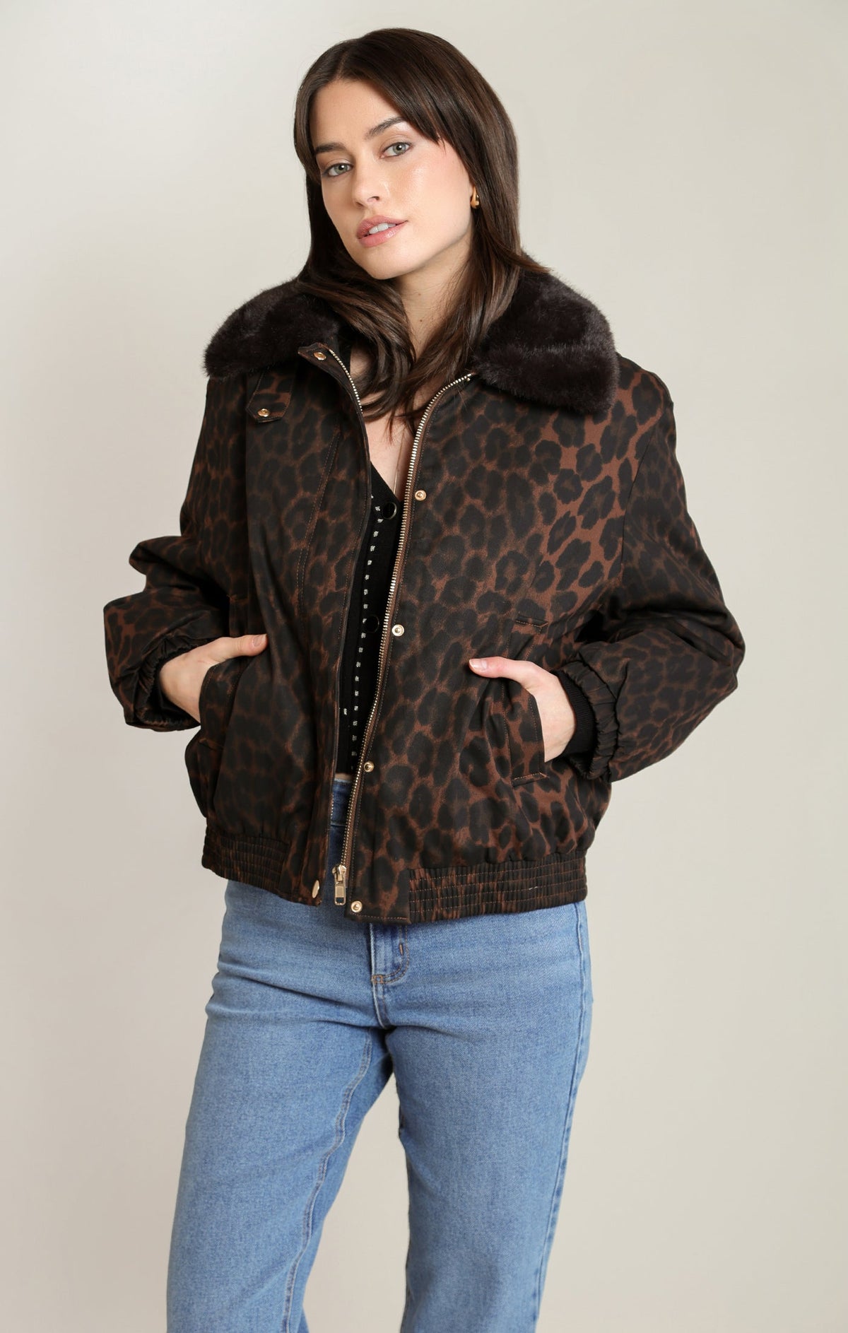 Leopard-Print Padded Zip-Front Bomber