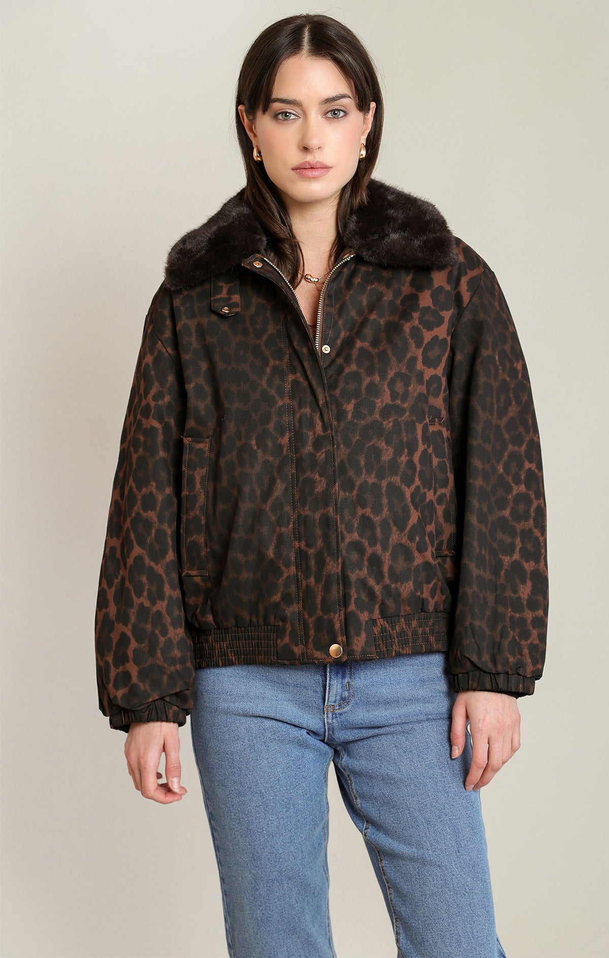 Leopard-Print Padded Zip-Front Bomber
