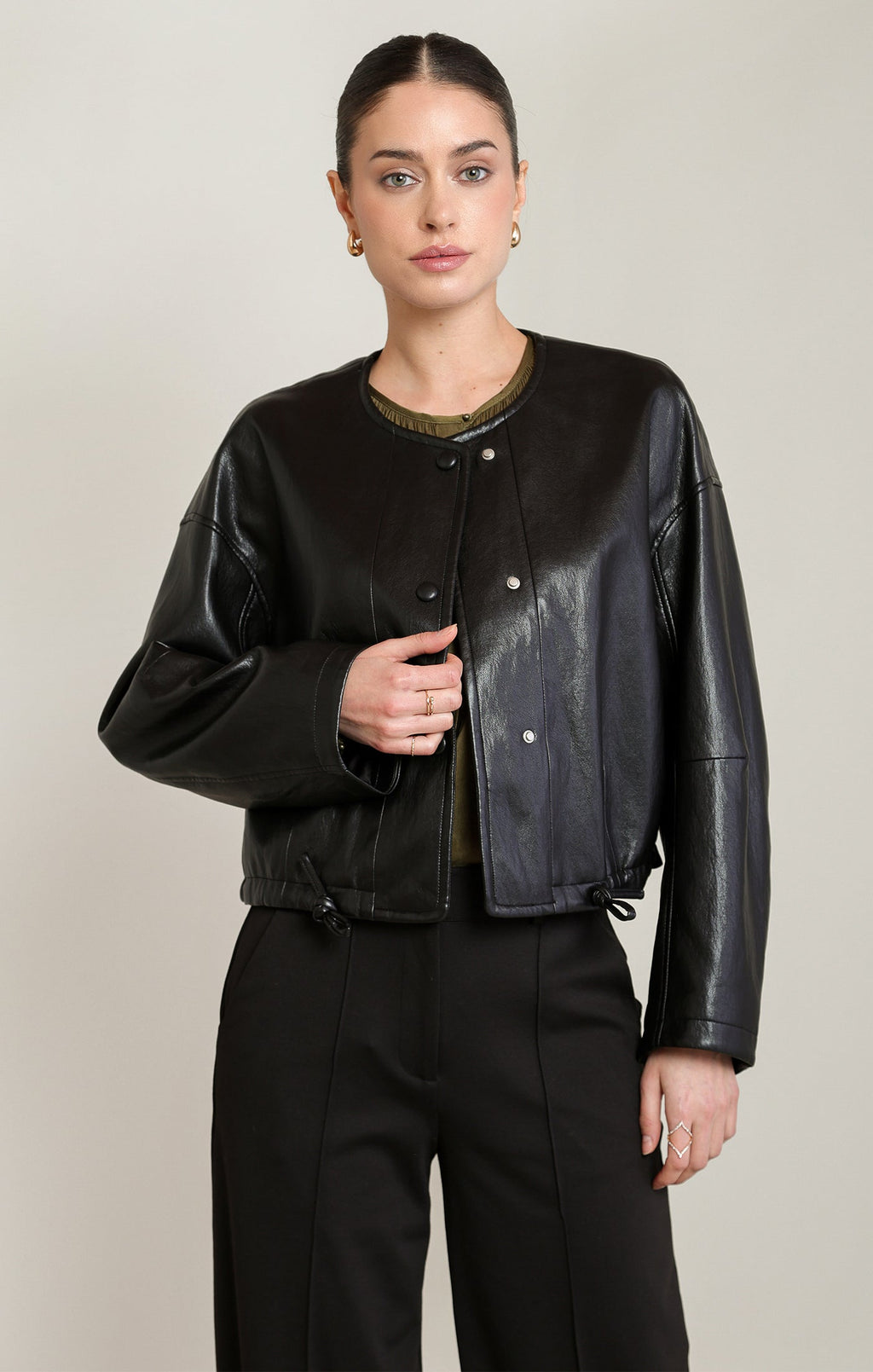 Cropped Collarless Faux-Leather Jacket