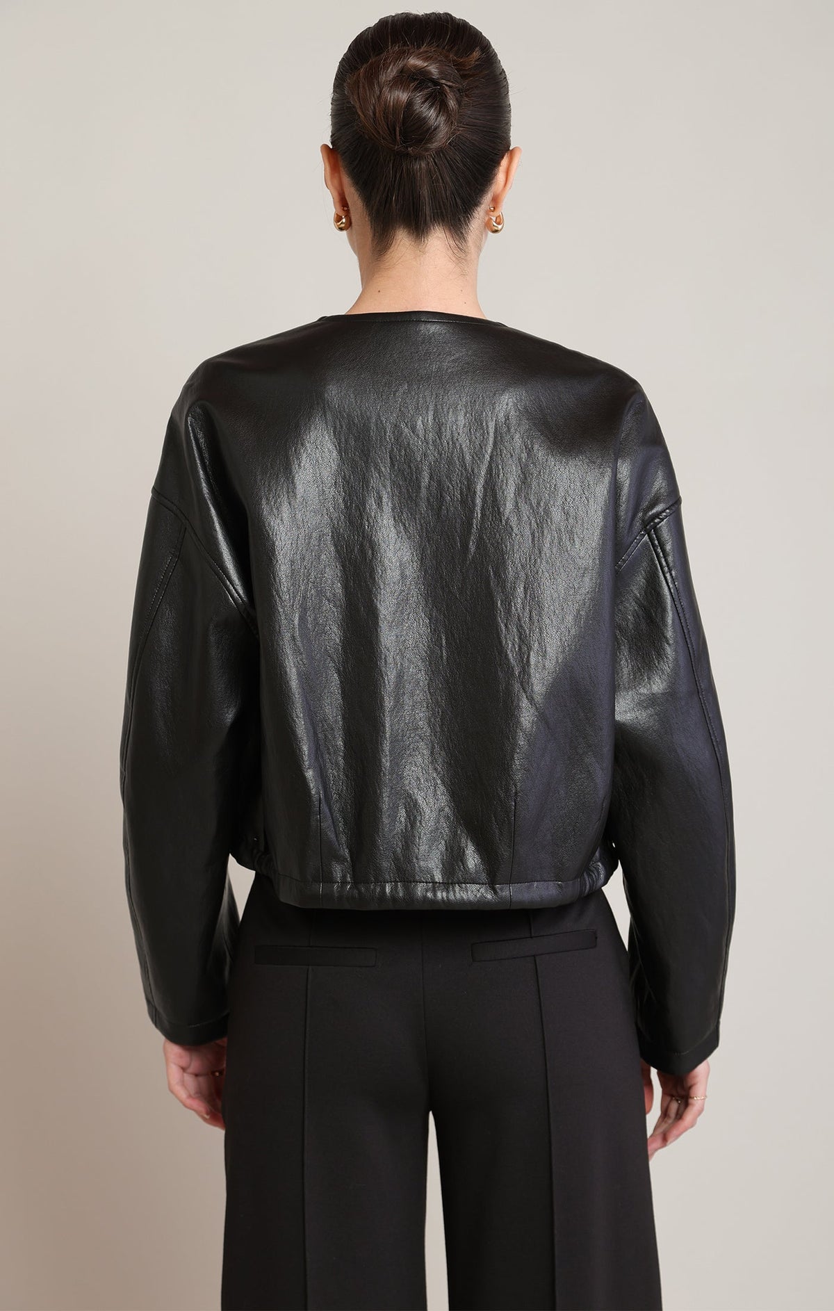 Cropped Collarless Faux-Leather Jacket