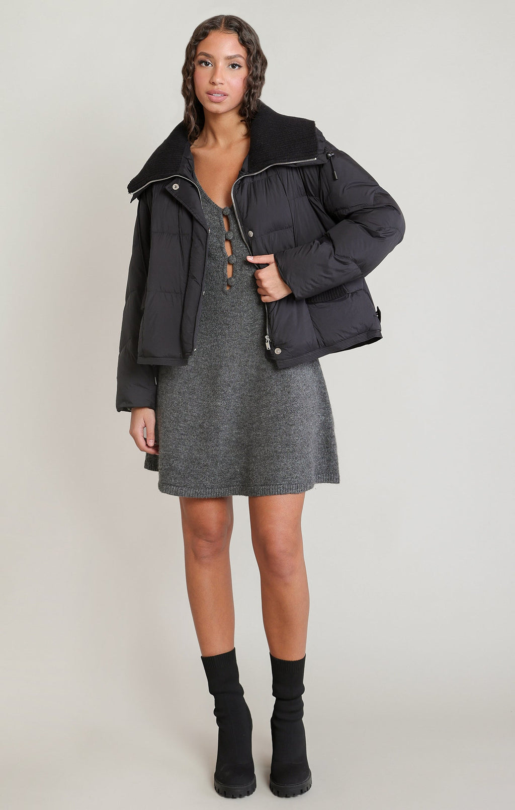Quilted Puffer Jacket with Ribbed Funnel Collar