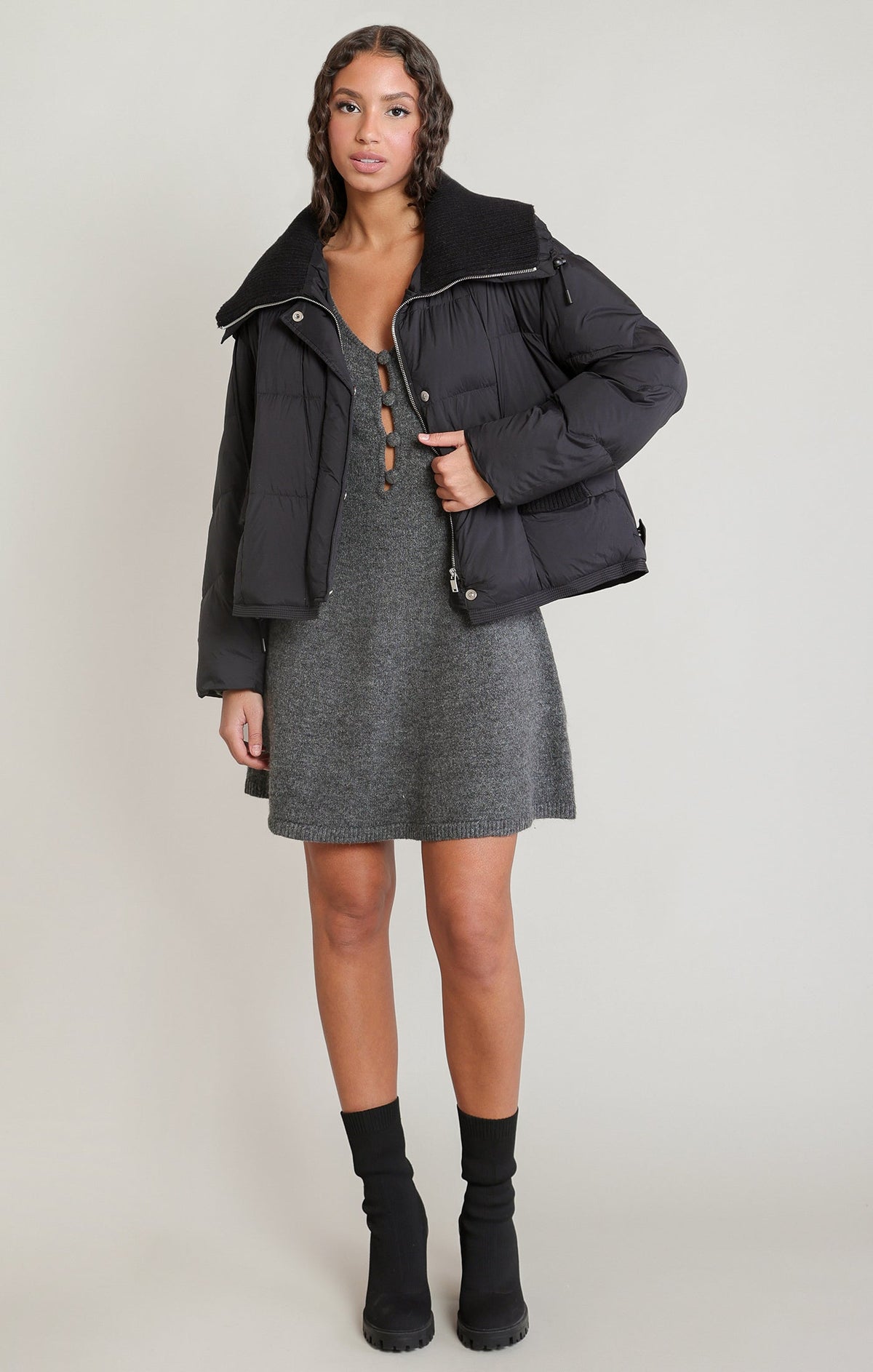 Quilted Puffer Jacket with Ribbed Funnel Collar