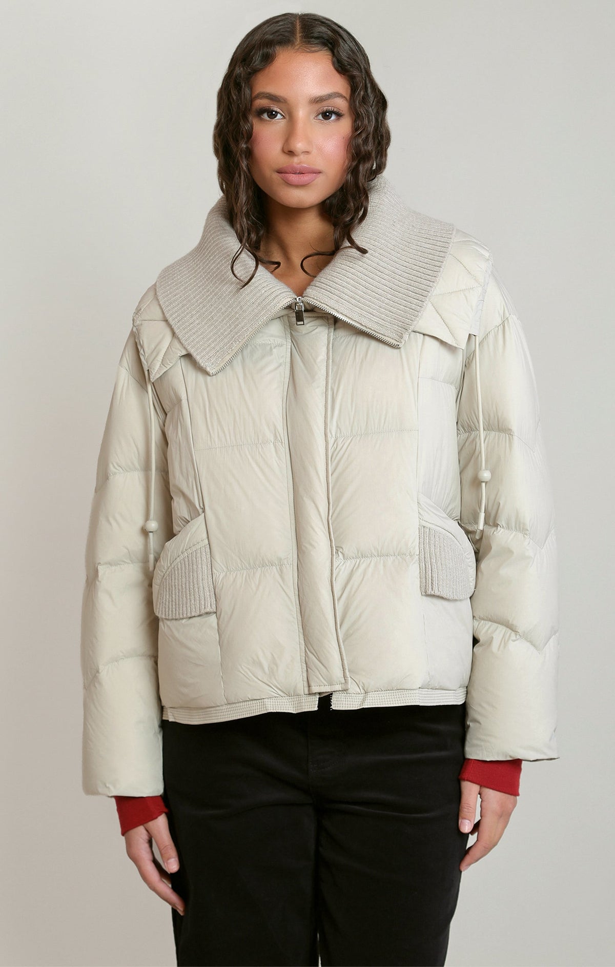 Quilted Puffer Jacket with Ribbed Funnel Collar