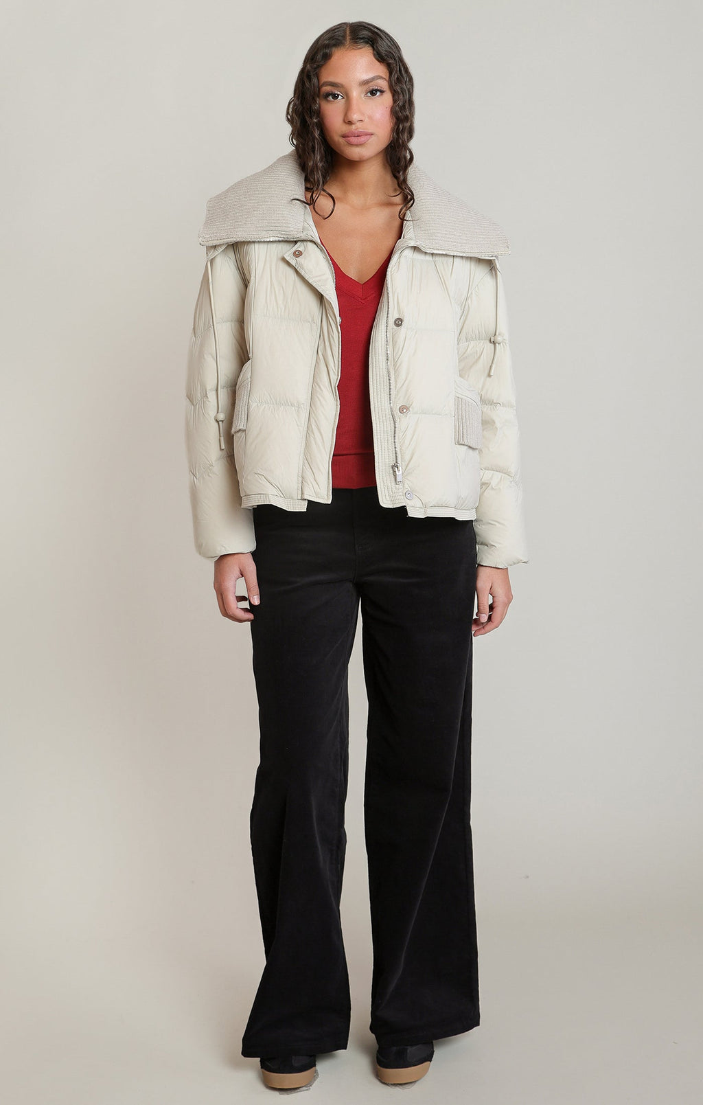 Quilted Puffer Jacket with Ribbed Funnel Collar