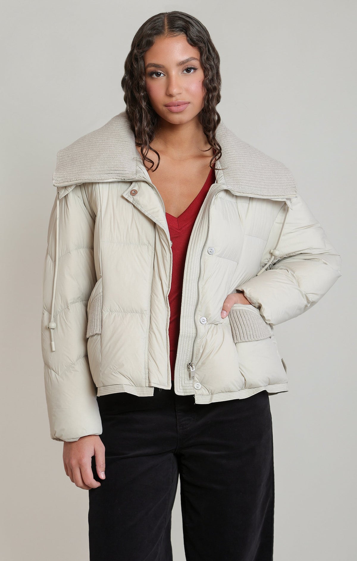 Quilted Puffer Jacket with Ribbed Funnel Collar