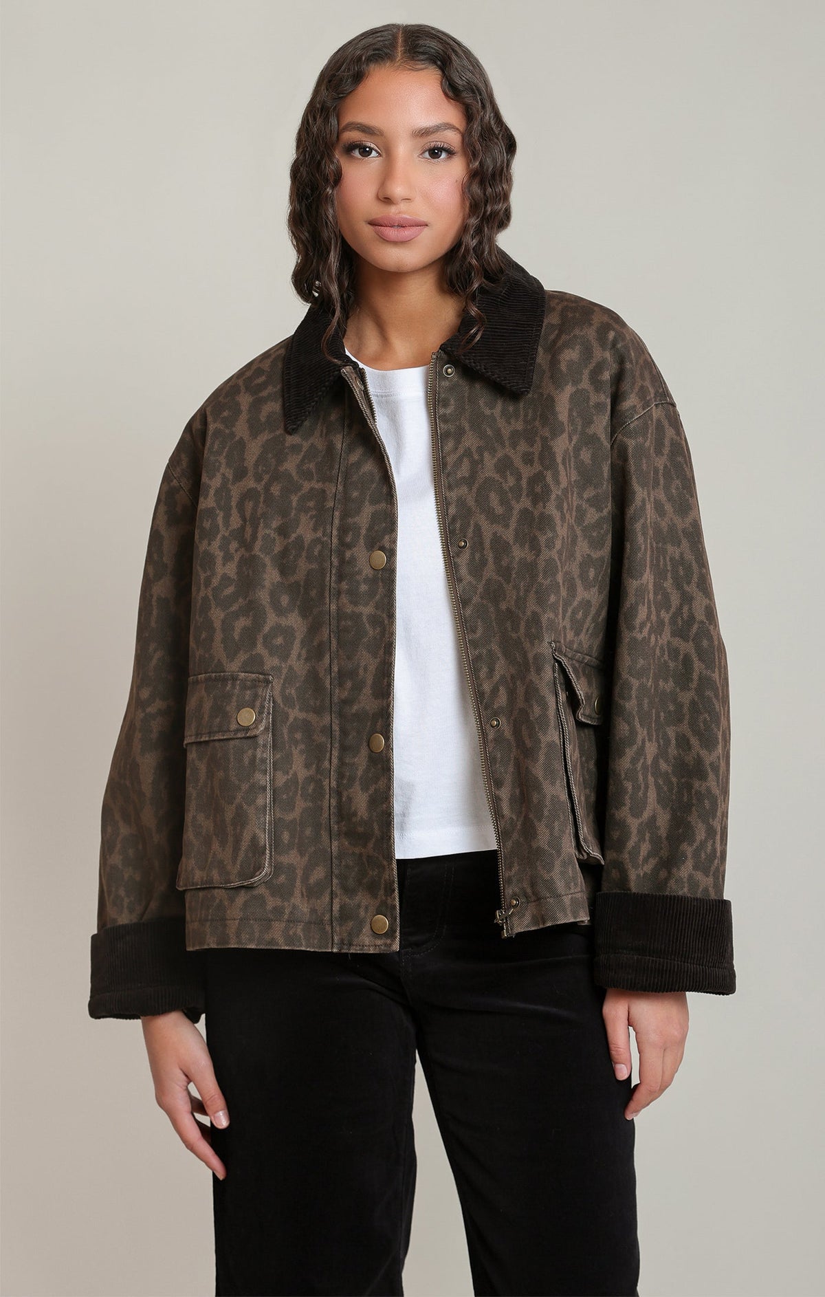 Leopard-Print Padded Denim Jacket