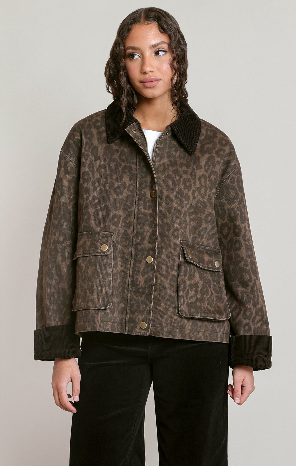 Leopard-Print Padded Denim Jacket