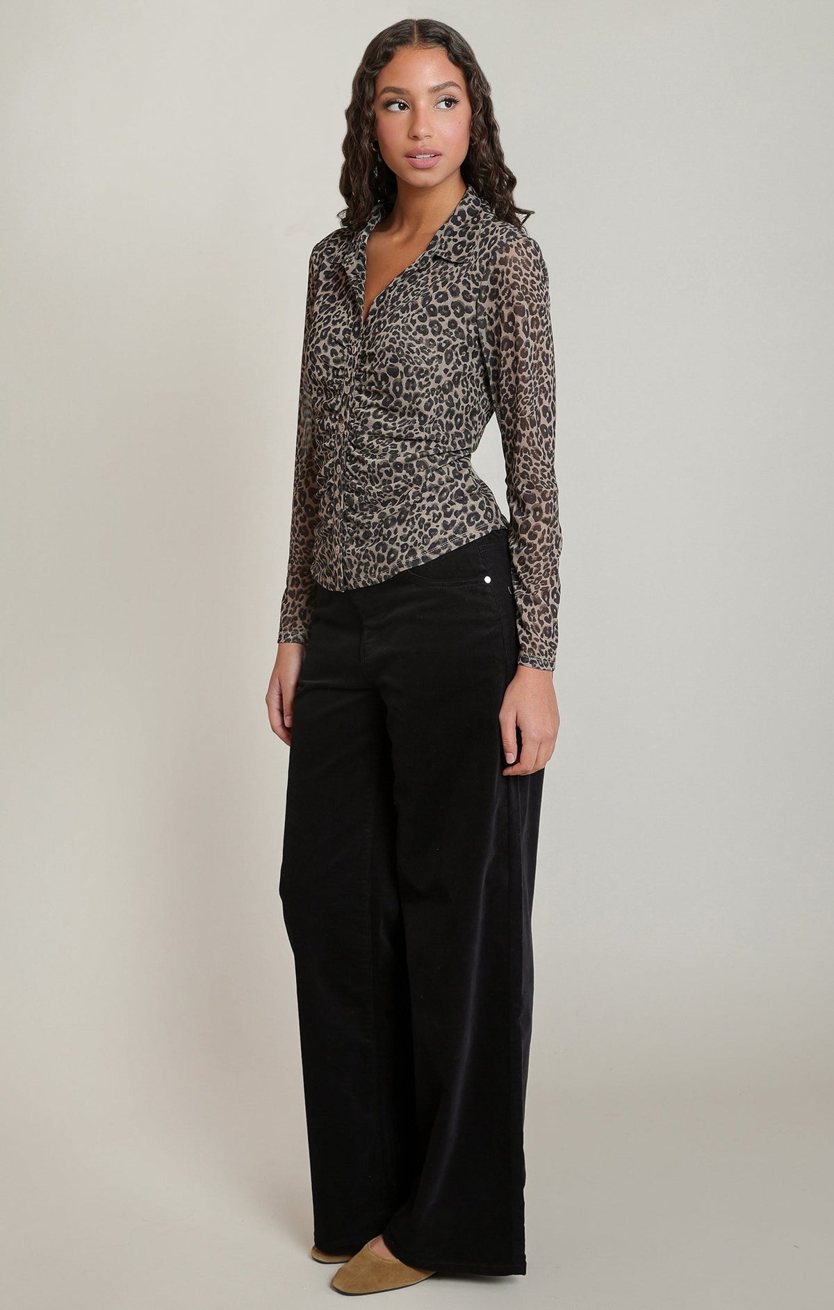 Leopard-Print Button-Front Mesh Top
