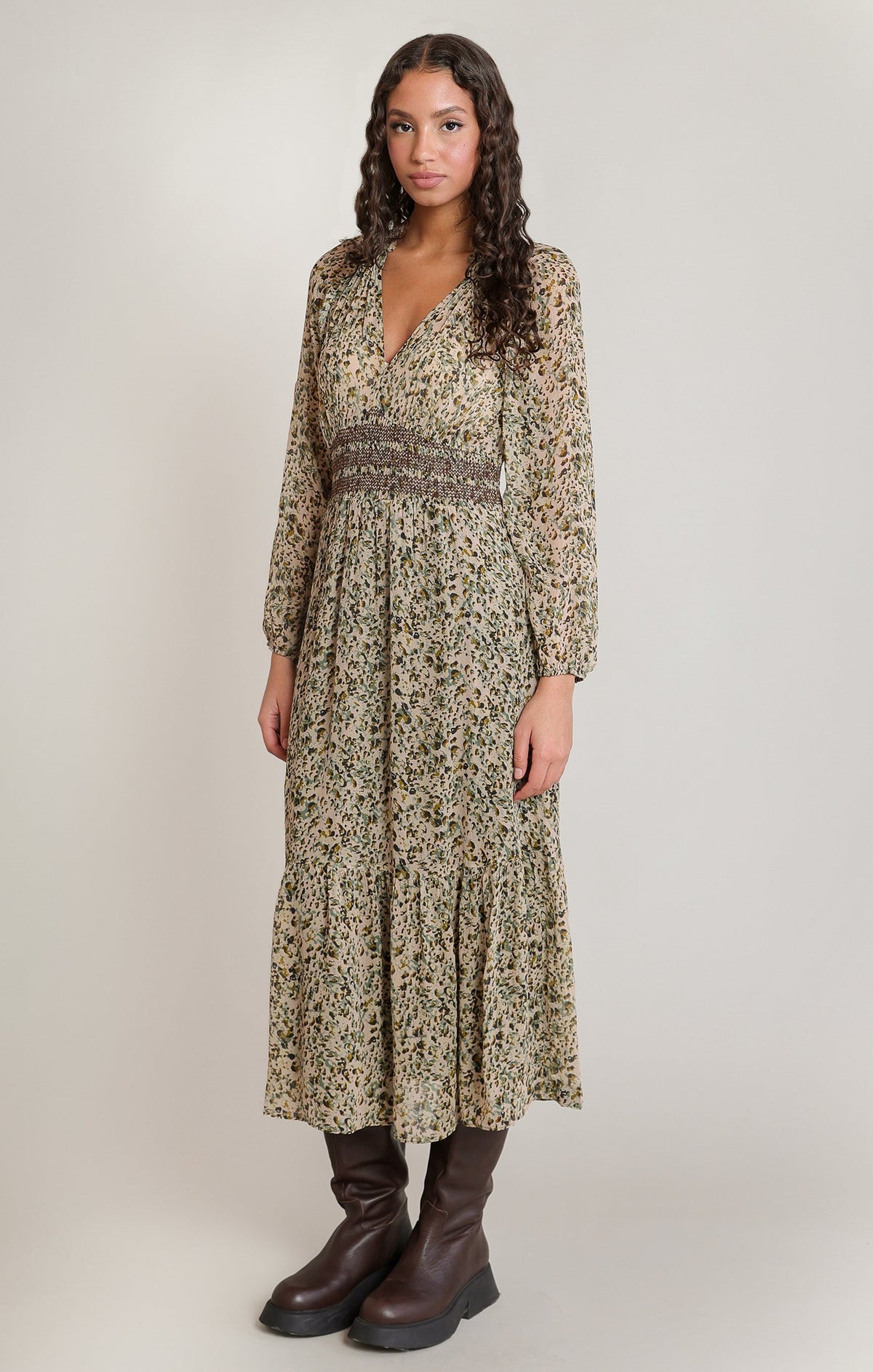 V-Neck Viscose Midi Dress with Smocked Waist