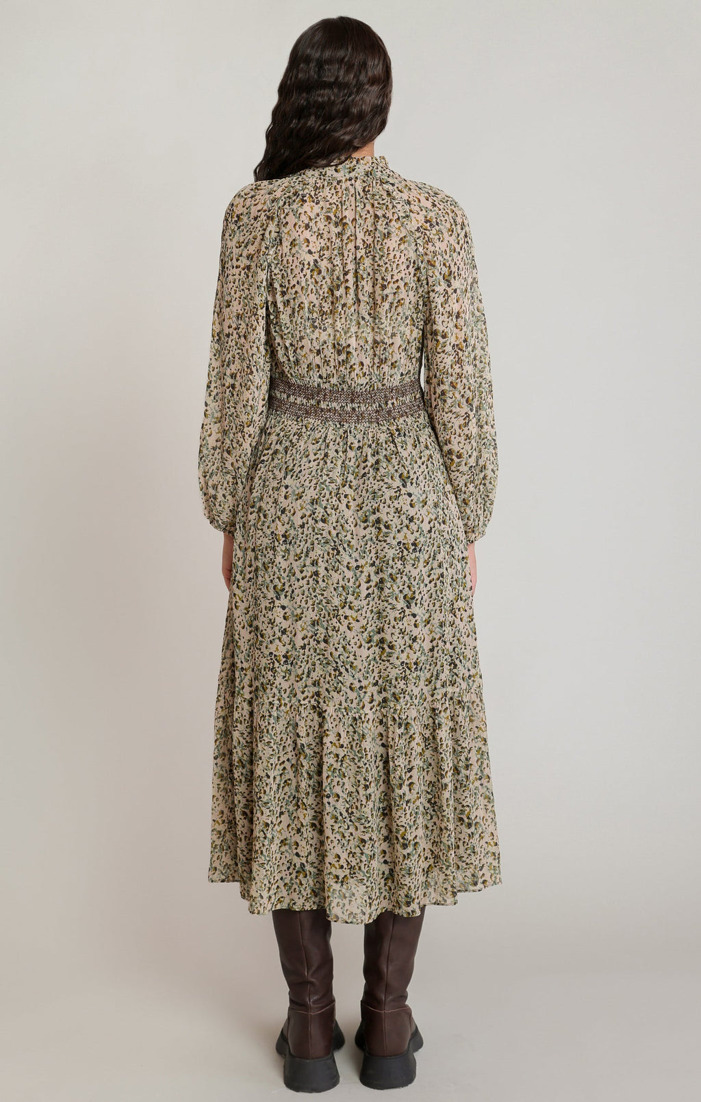 V-Neck Viscose Midi Dress with Smocked Waist