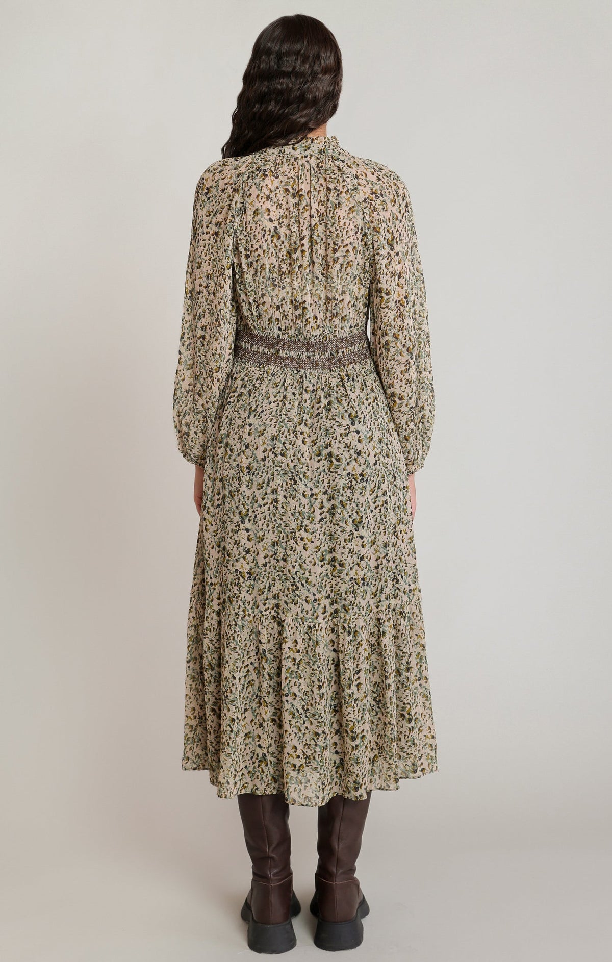 V-Neck Viscose Midi Dress with Smocked Waist