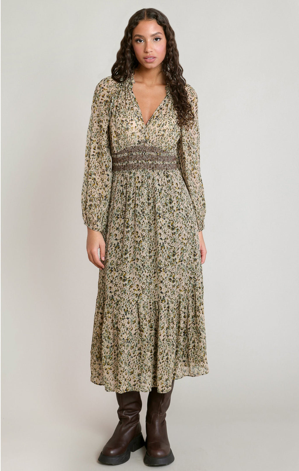 V-Neck Viscose Midi Dress with Smocked Waist