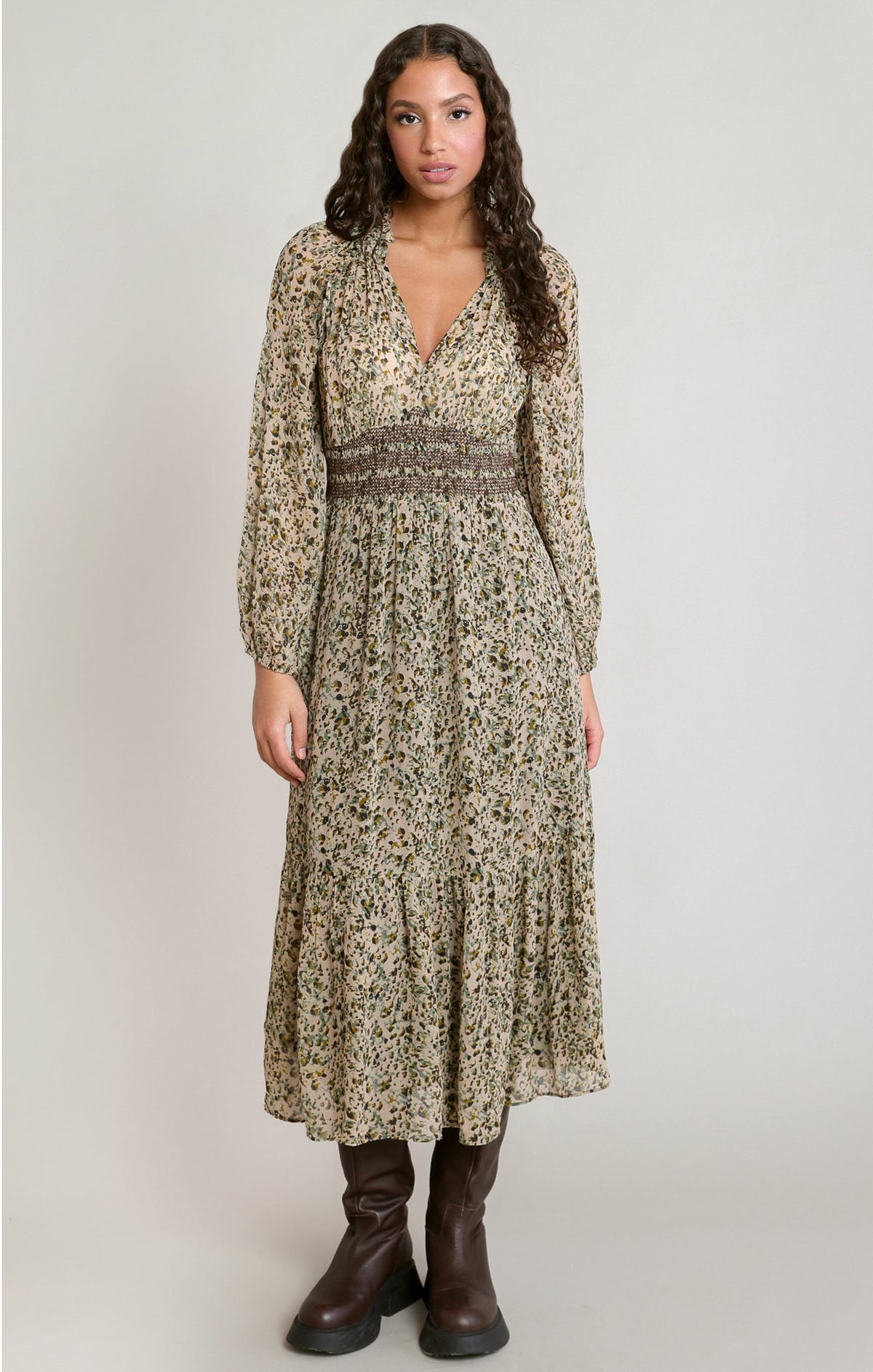 V-Neck Viscose Midi Dress with Smocked Waist
