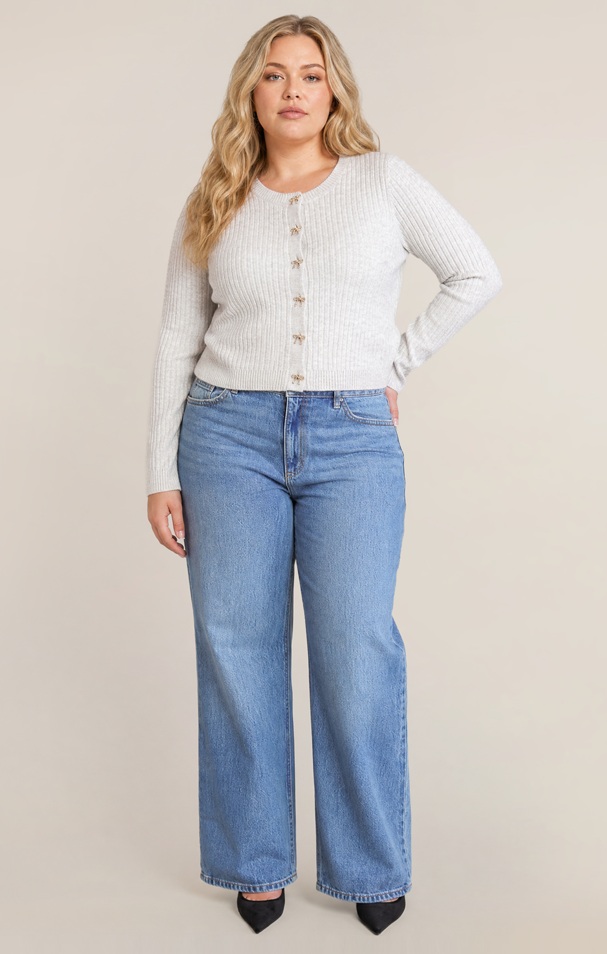 Cropped Knit Cardigan with Bow Buttons