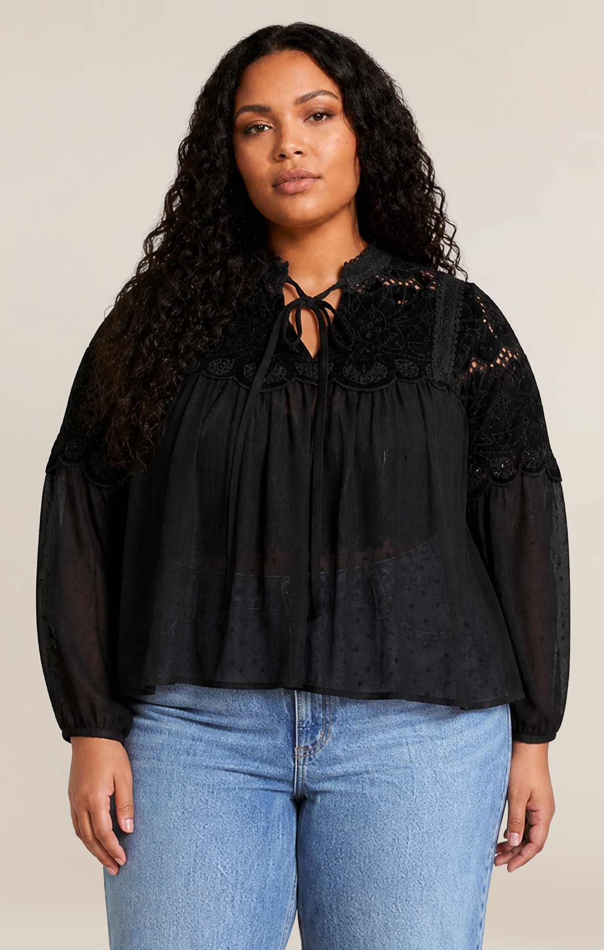 Sheer Lace Blouse with Round Neck