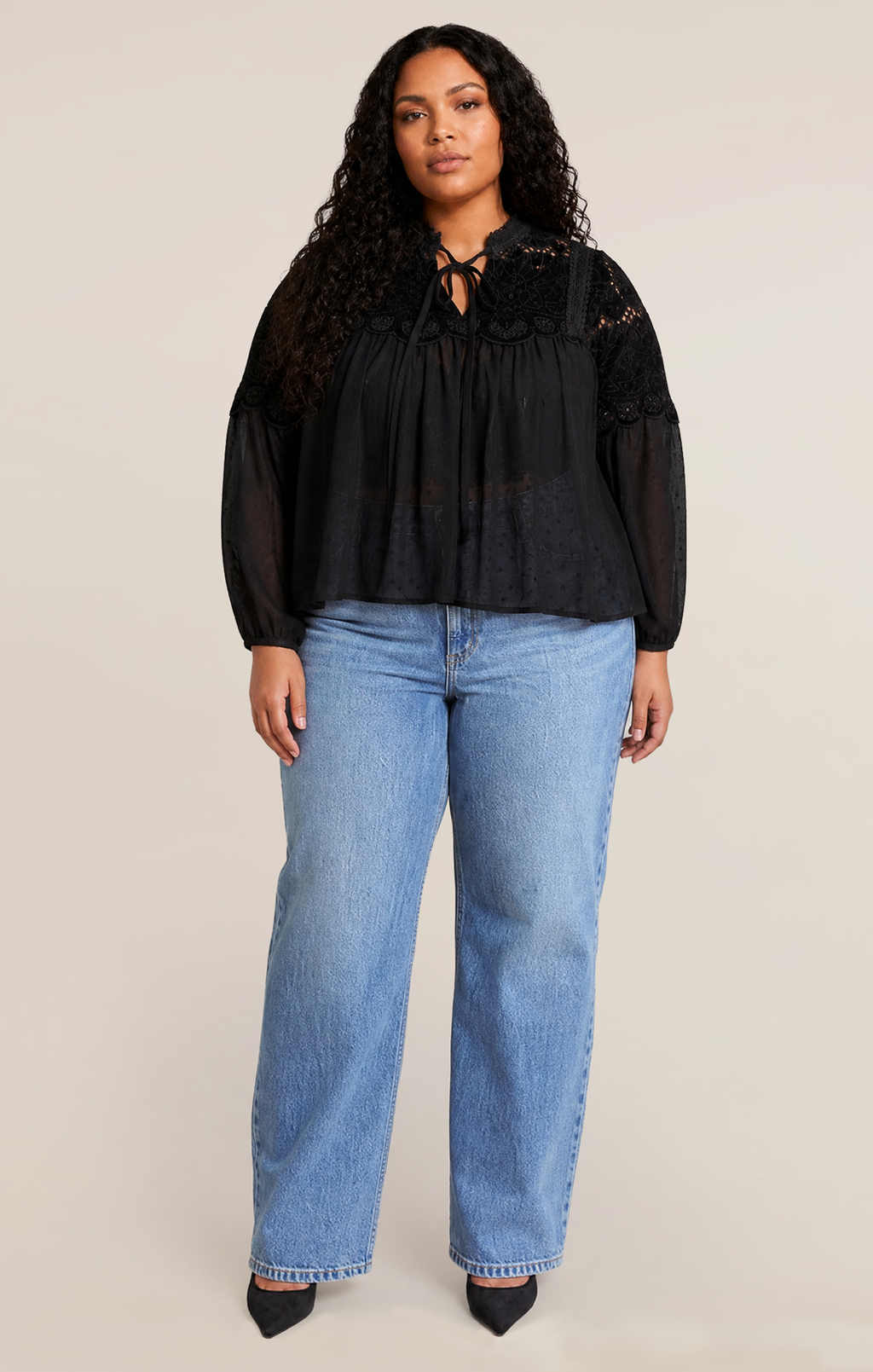 Sheer Lace Blouse with Round Neck