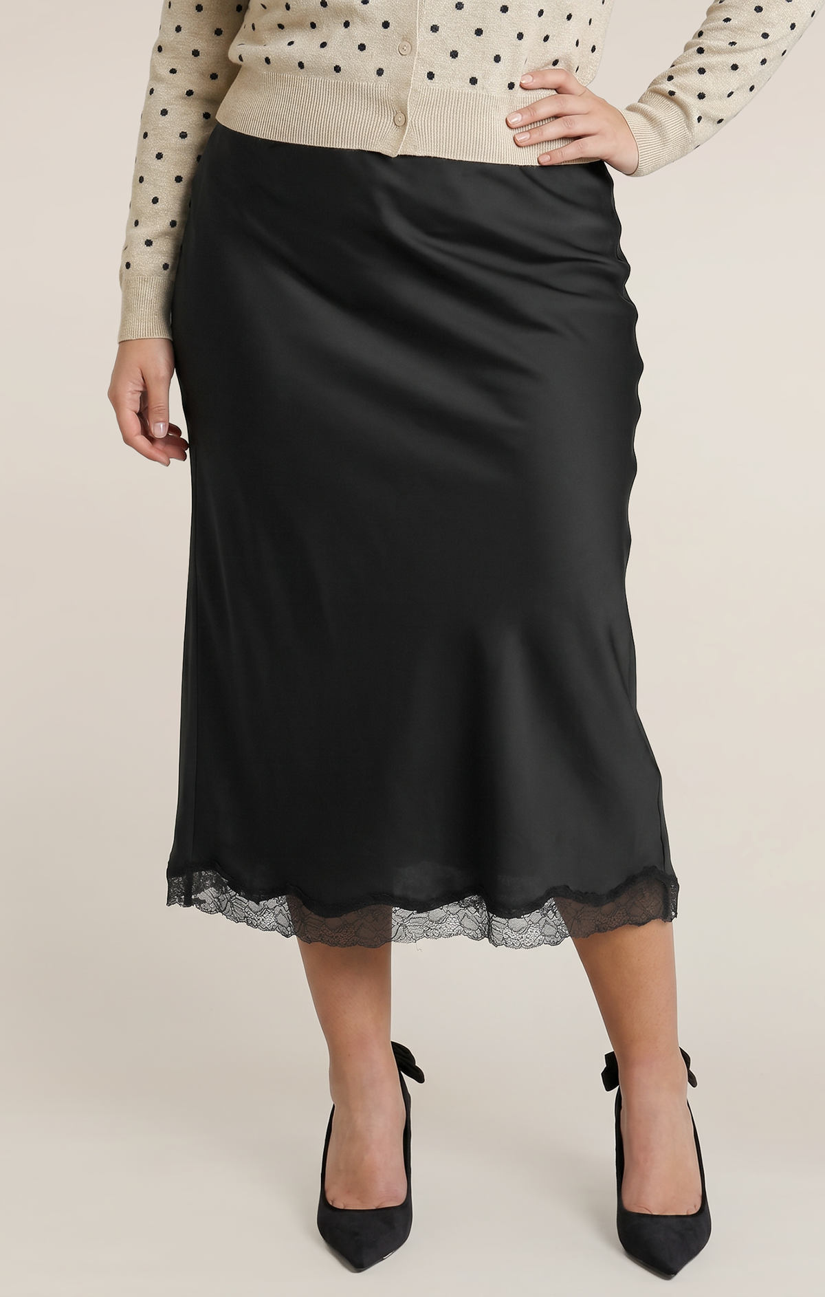 Lace-Trim Satin Midi Skirt