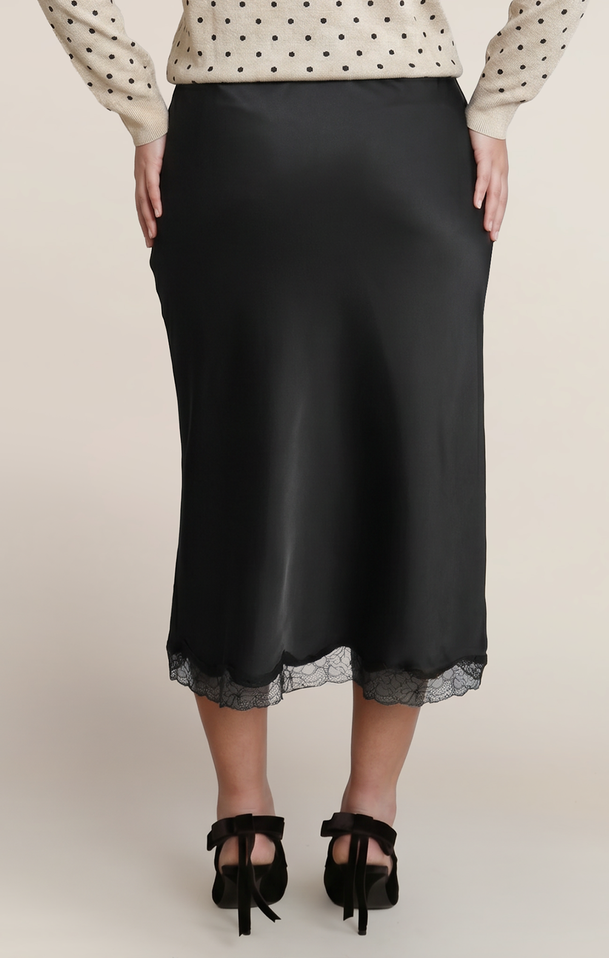 Lace-Trim Satin Midi Skirt