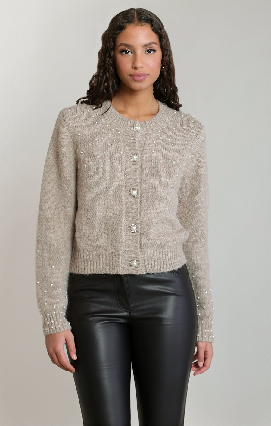 Embellished Round-Neck Open Cardigan
