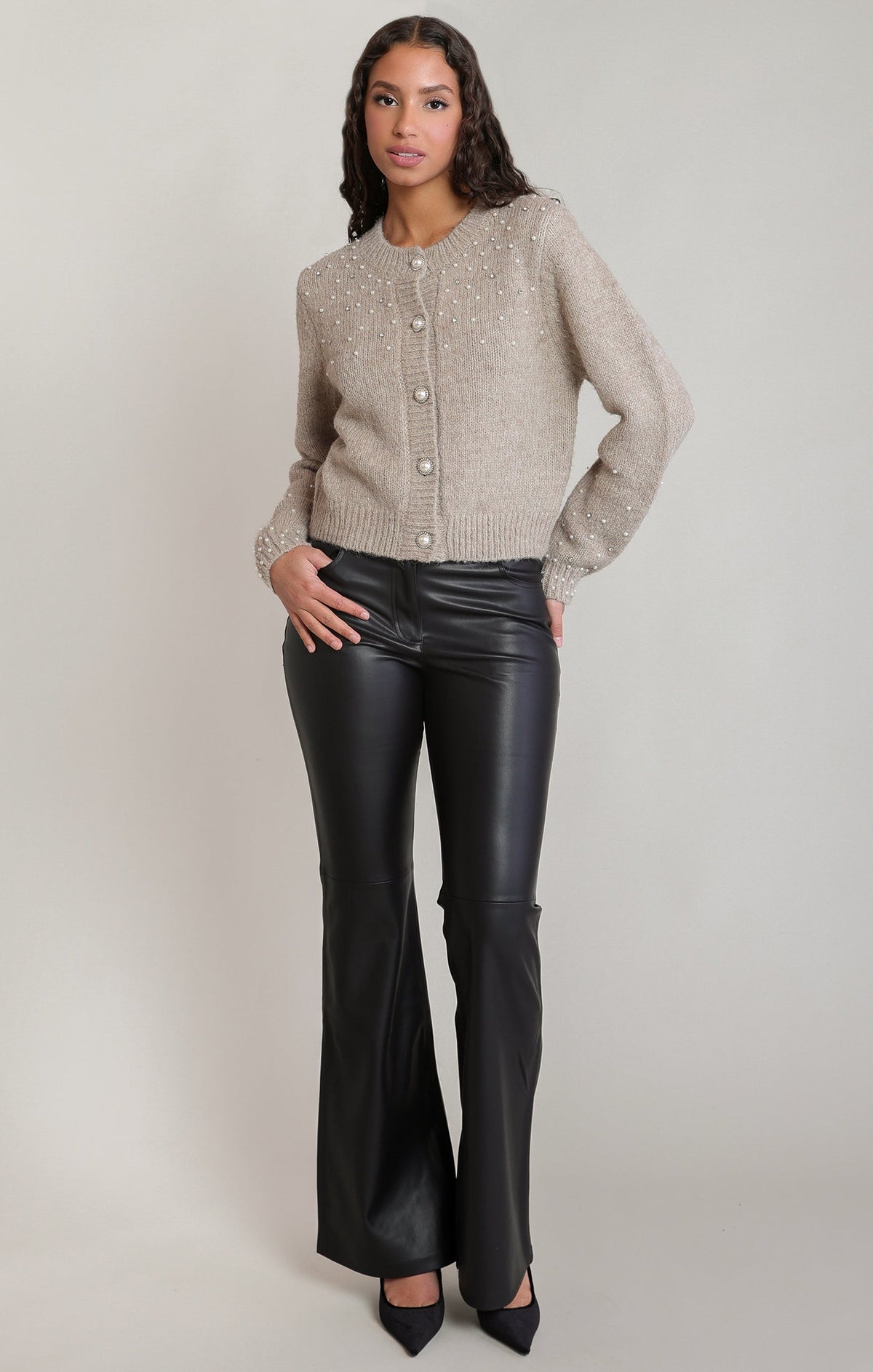 Embellished Round-Neck Open Cardigan
