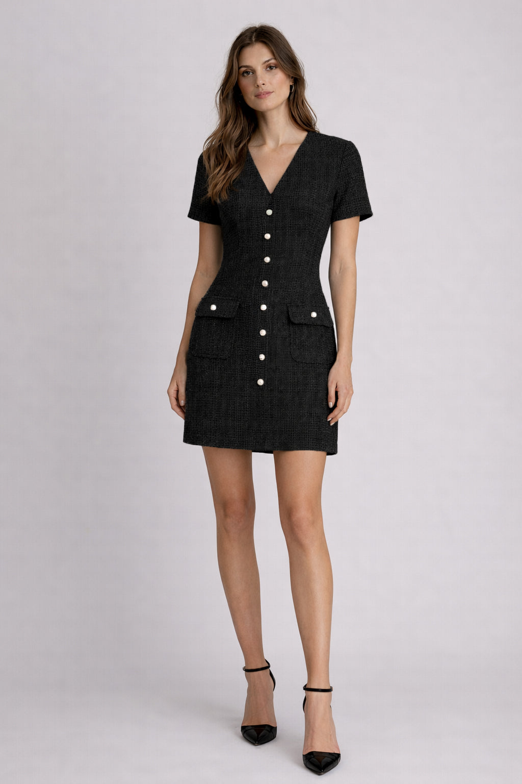 Long-Sleeve Tweed-Texture Mini Dress