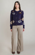 Floral-Pattern Stretch Knit Cardigan