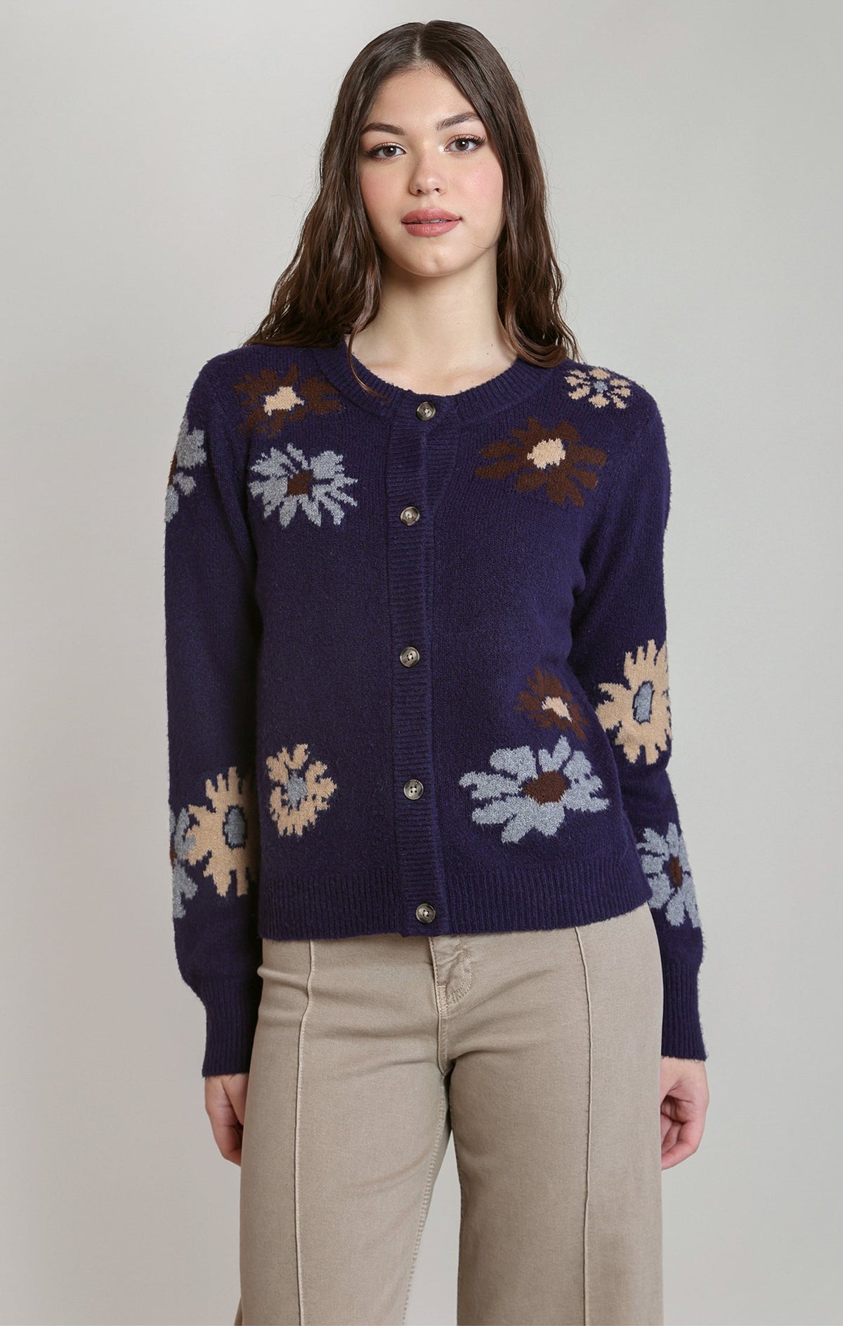 Floral-Pattern Stretch Knit Cardigan