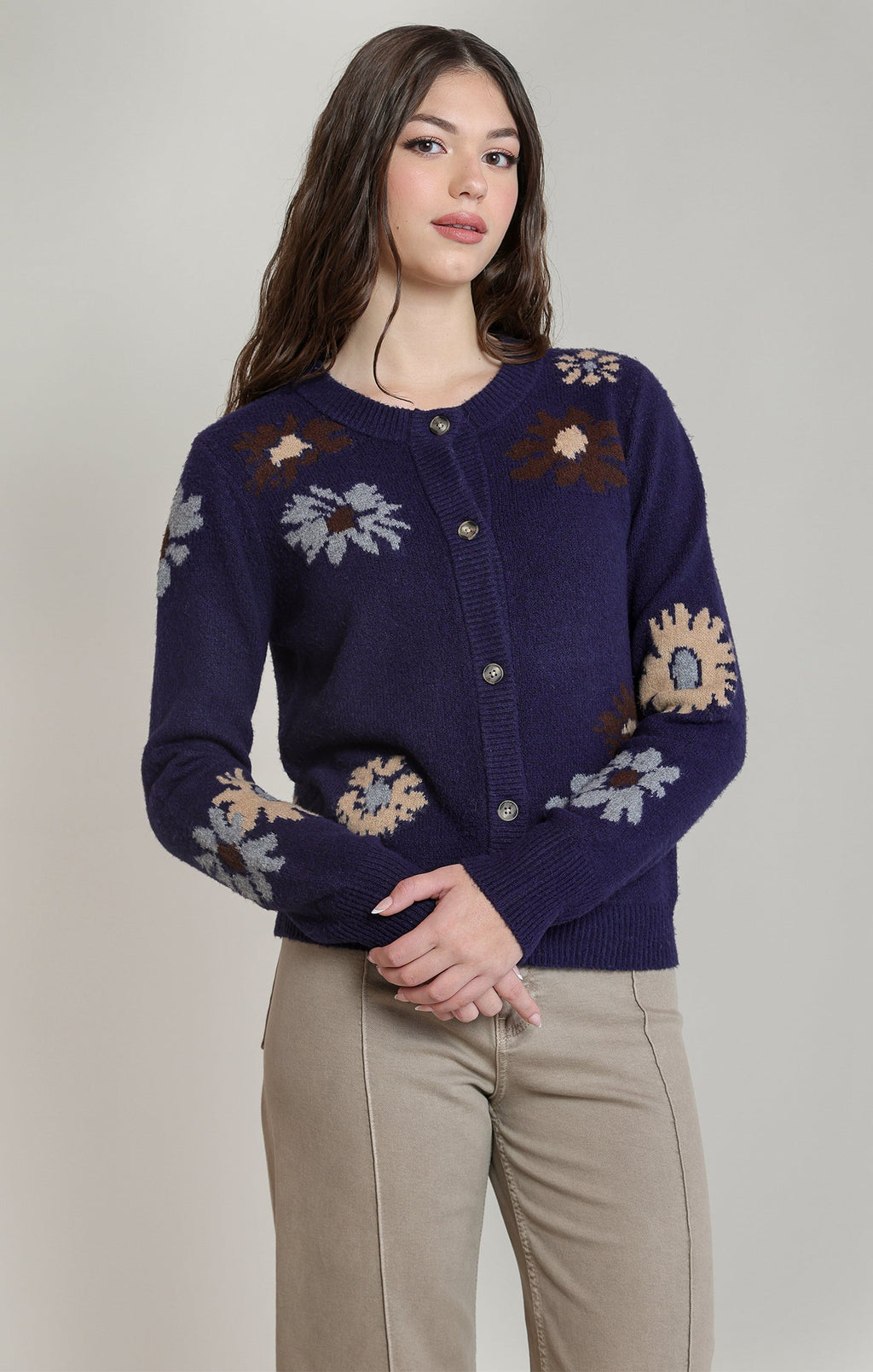 Floral-Pattern Stretch Knit Cardigan