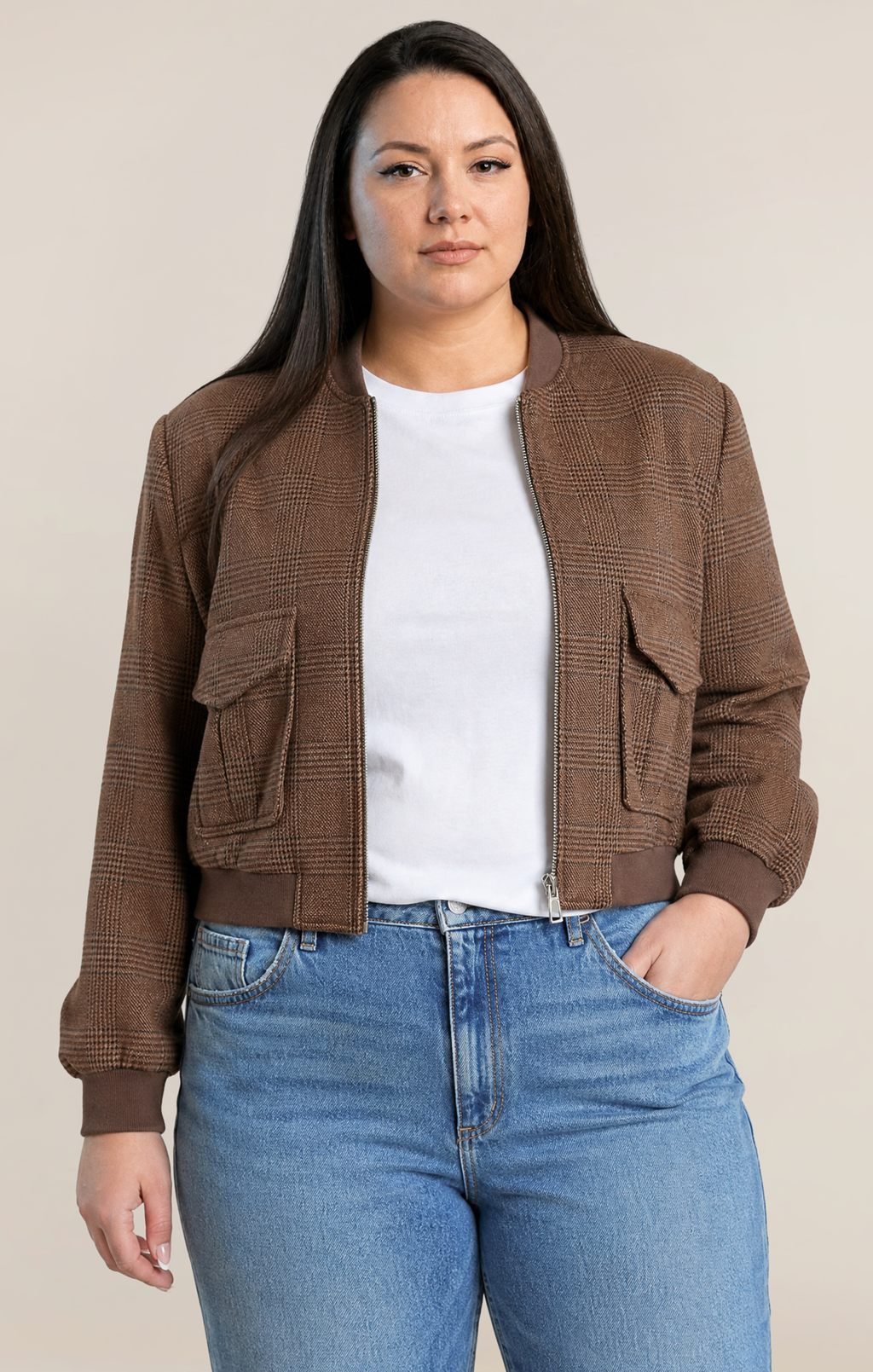 Houndstooth Zip-Front Bomber Jacket