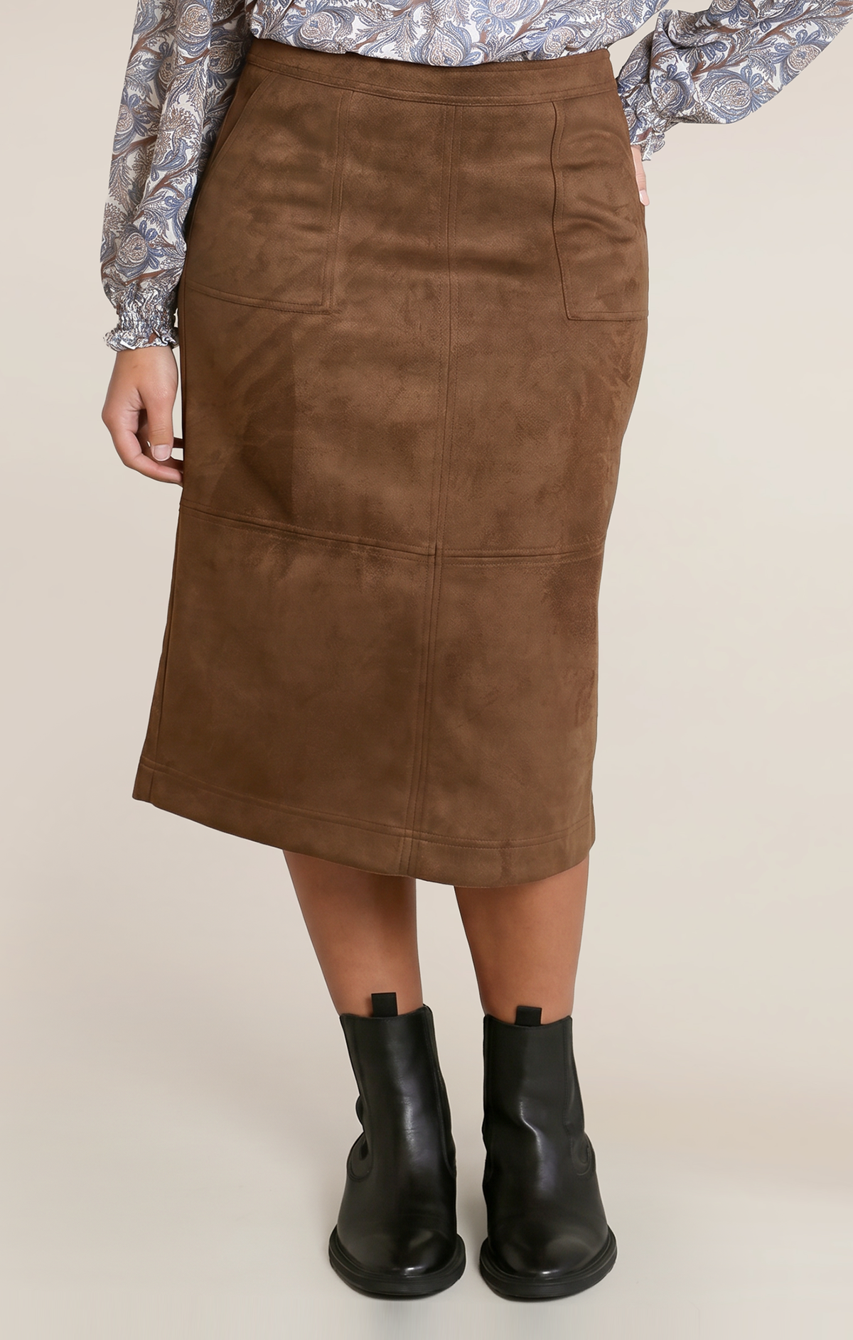 Faux-Suede Straight Midi Skirt