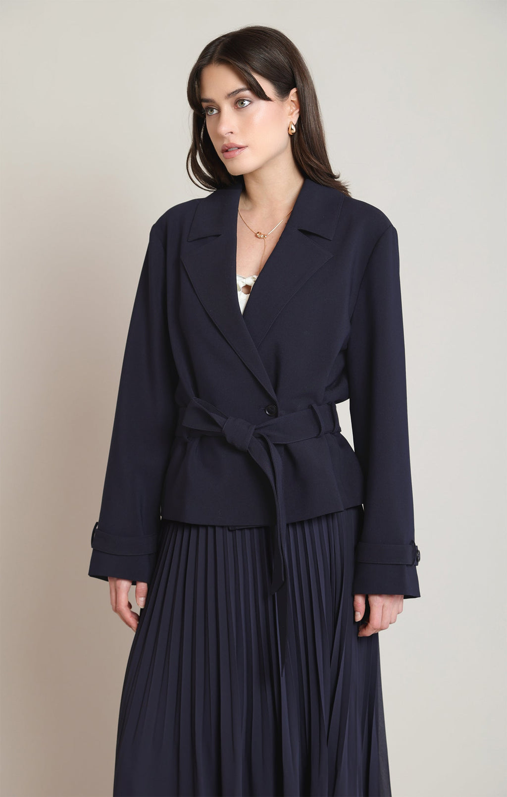 Belted Short Trench Jacket with Notched Lapels