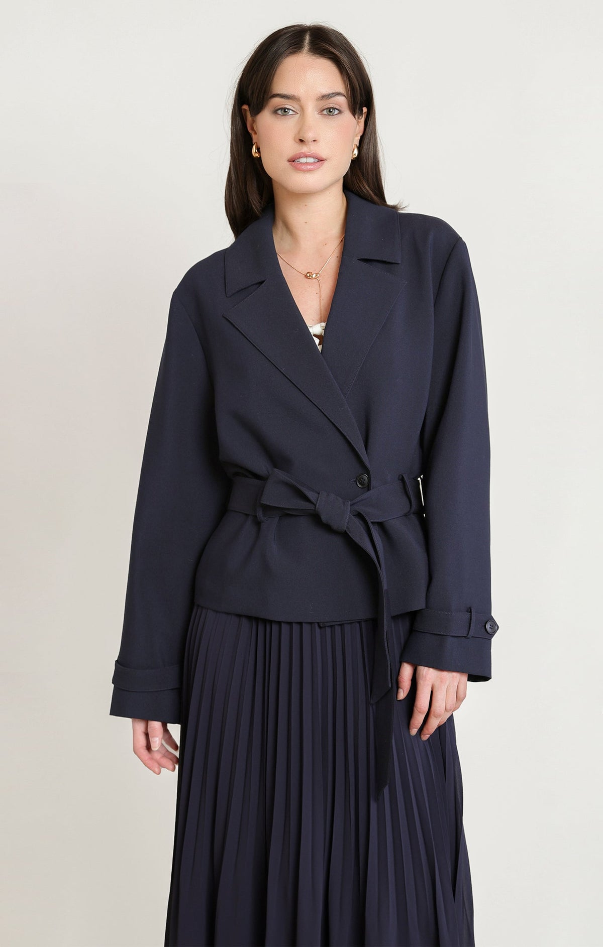 Belted Short Trench Jacket with Notched Lapels