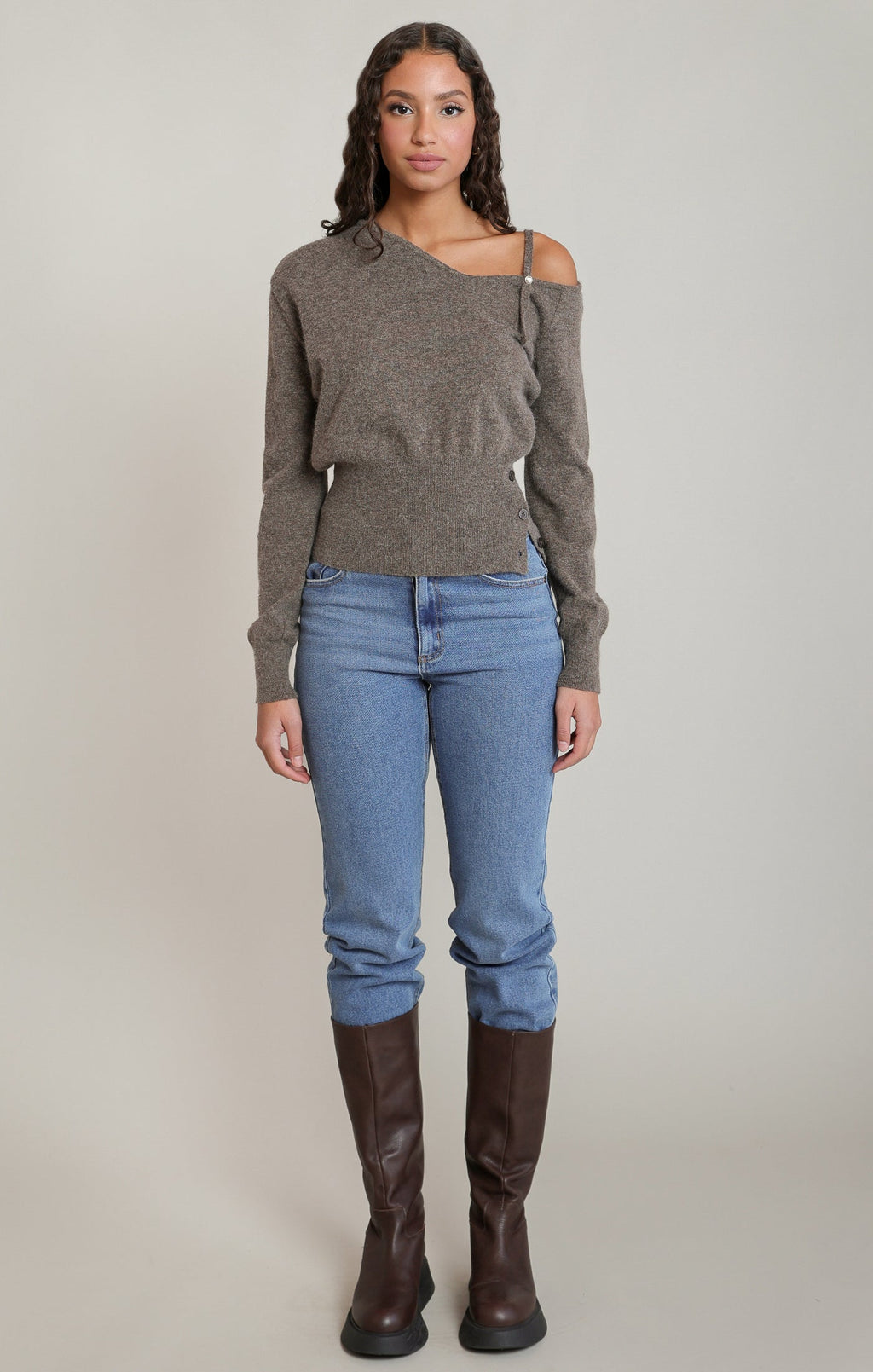 Draped Off-Shoulder Long-Sleeve Jumper