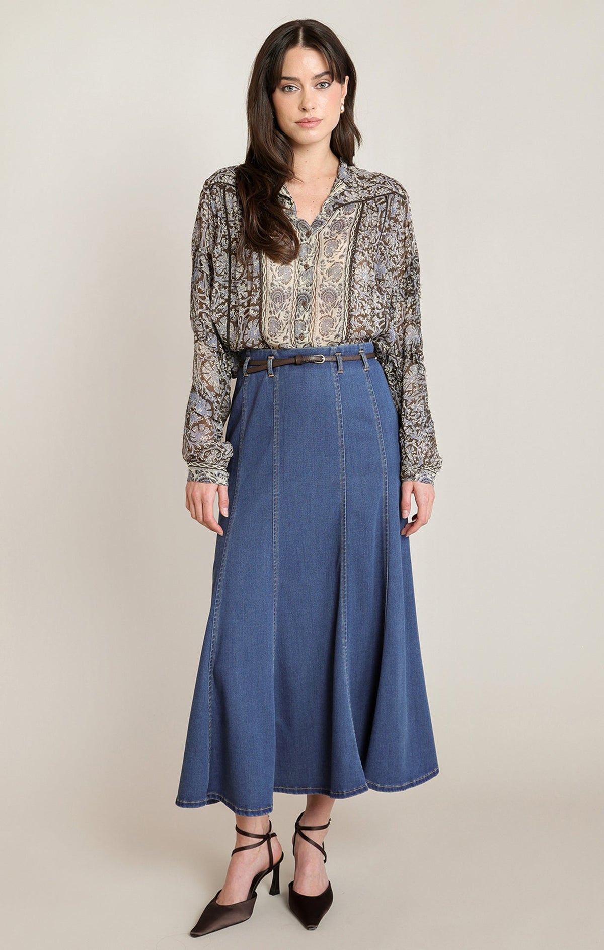 Belted Knee-Length Denim Skirt