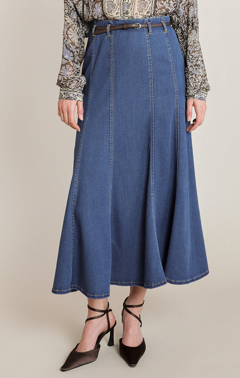 Belted Knee-Length Denim Skirt