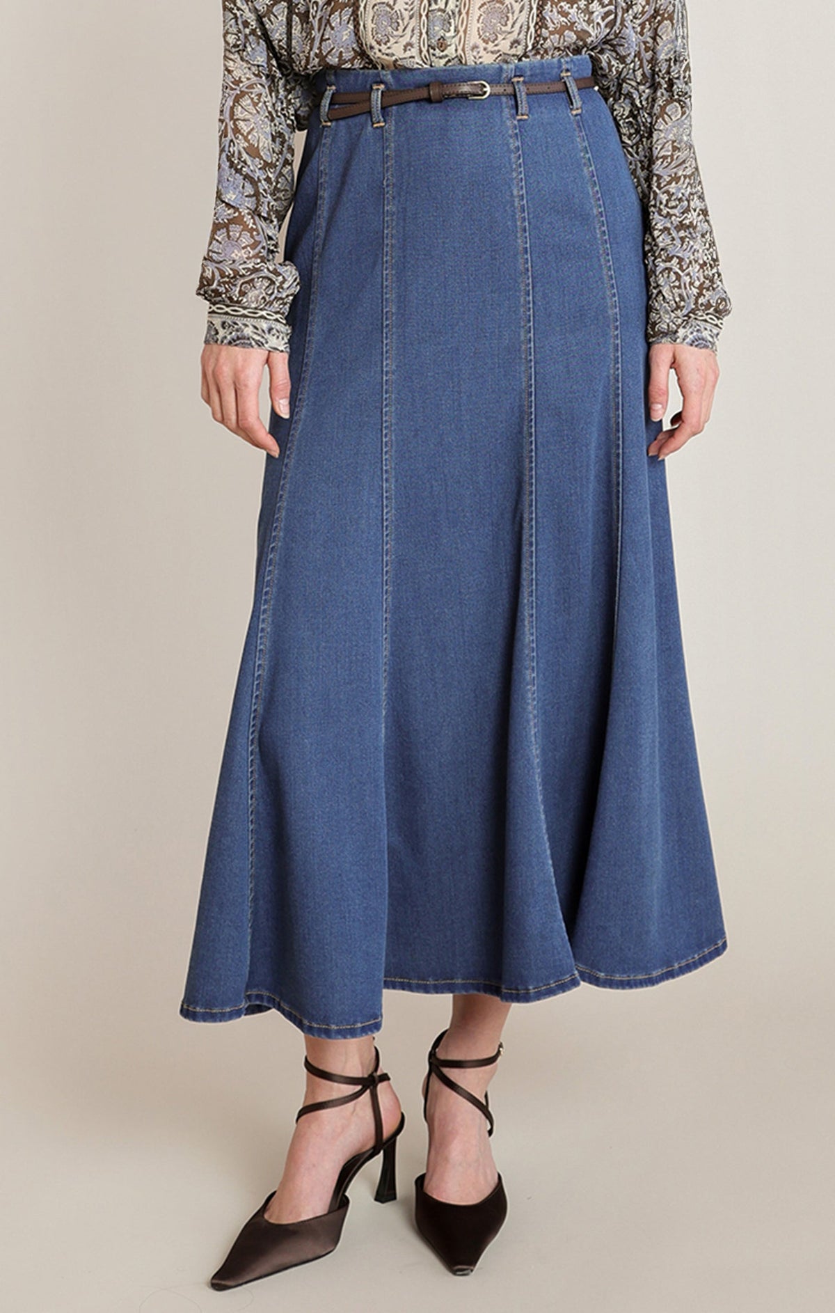 Belted Knee-Length Denim Skirt