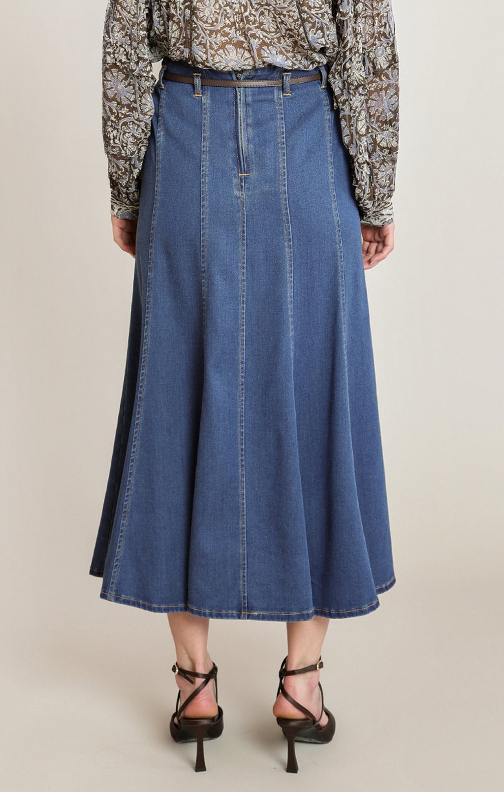 Belted Knee-Length Denim Skirt