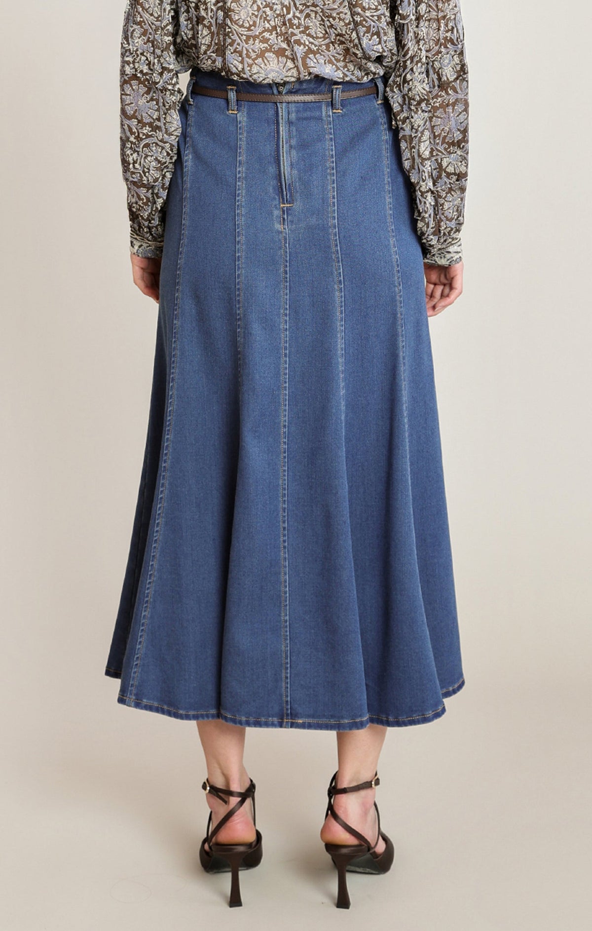 Belted Knee-Length Denim Skirt