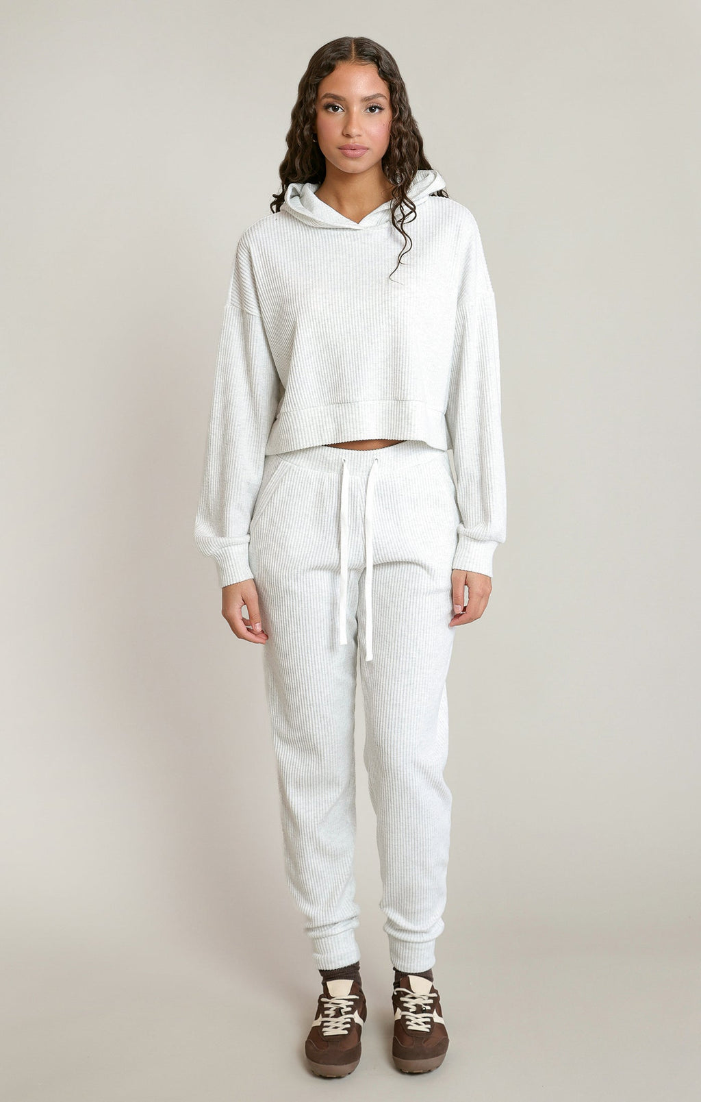 Ribbed Drawstring Hoodie with Front Pocket
