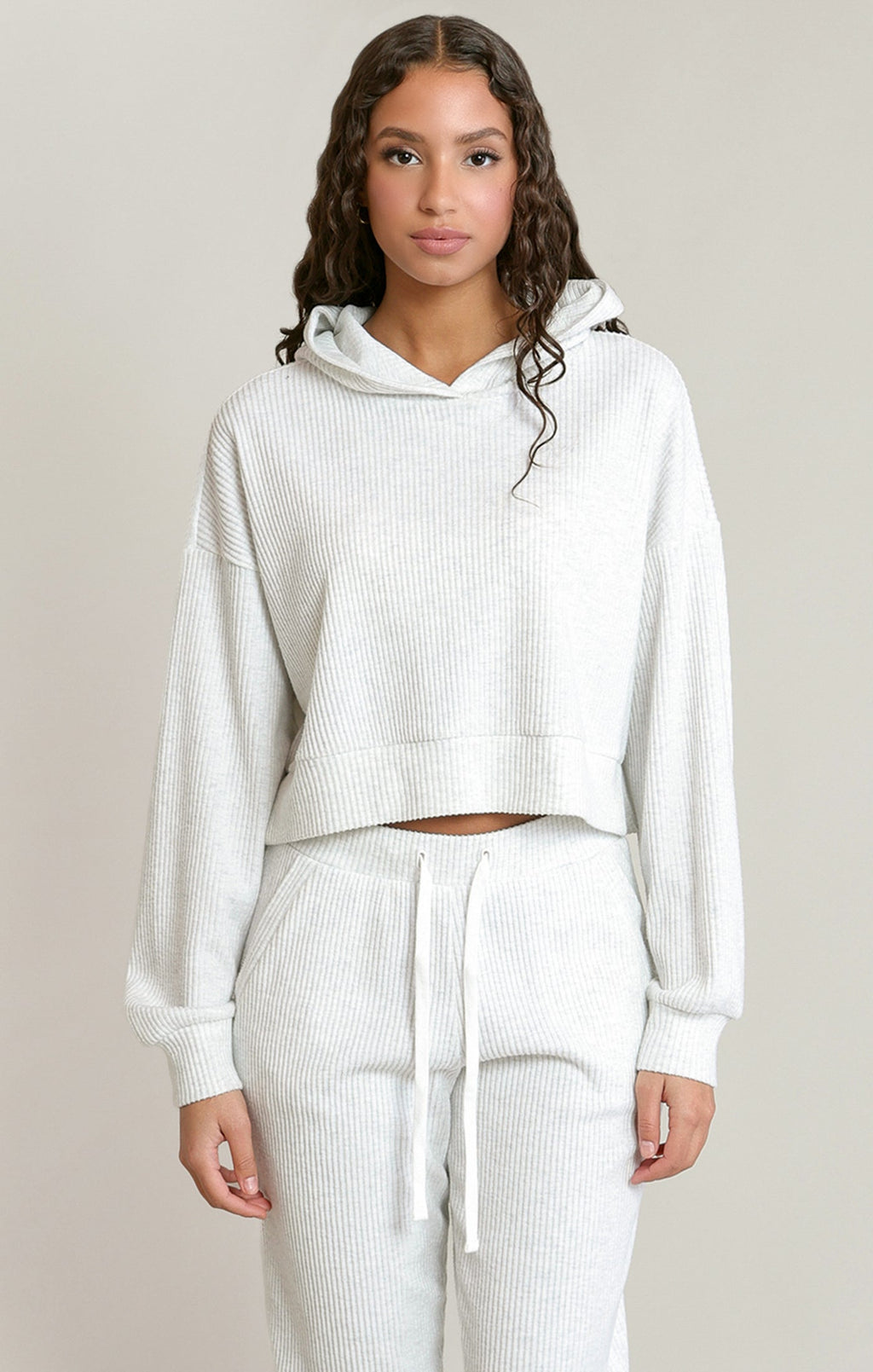 Ribbed Drawstring Hoodie with Front Pocket