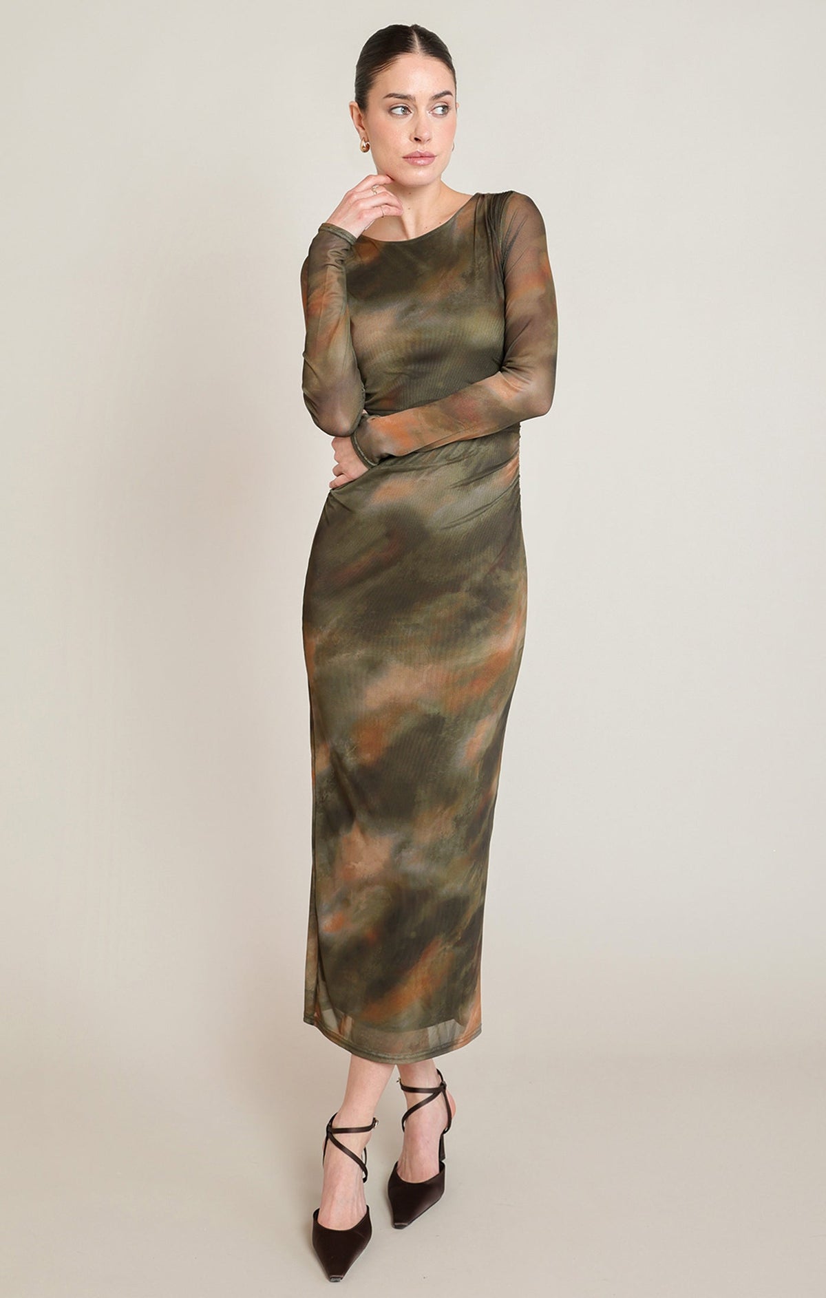 Long-Sleeve Printed Mesh Maxi Dress