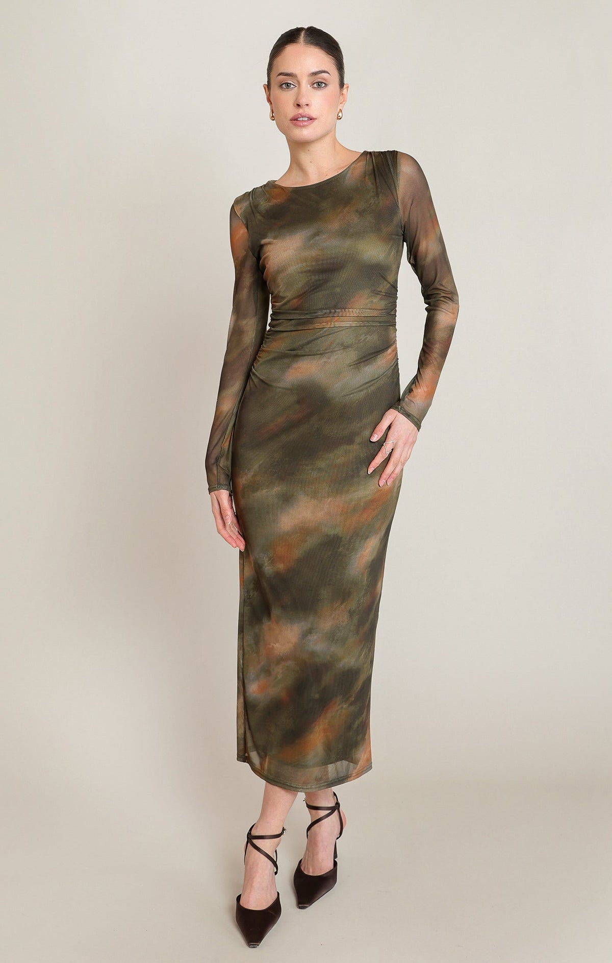 Long-Sleeve Printed Mesh Maxi Dress