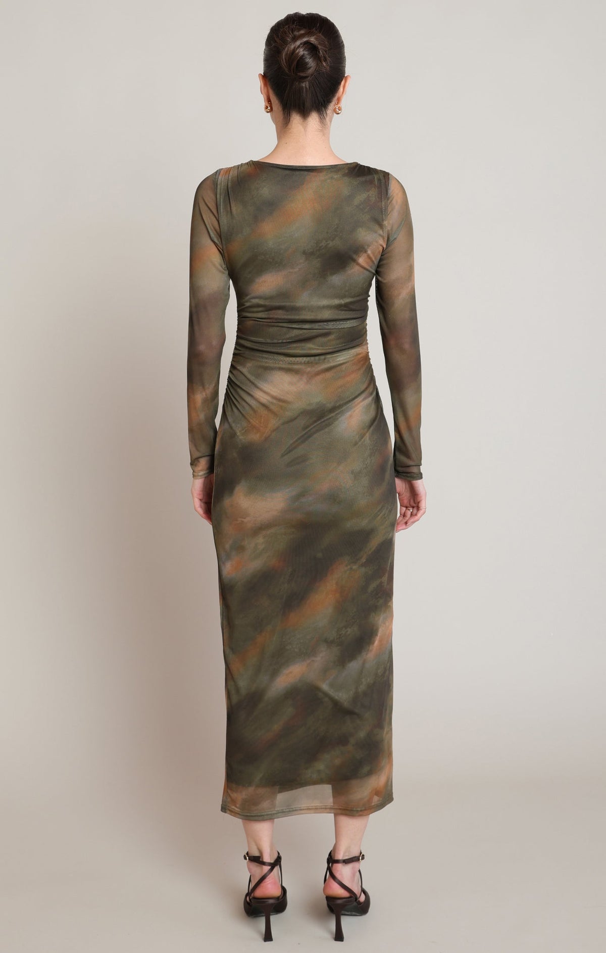 Long-Sleeve Printed Mesh Maxi Dress